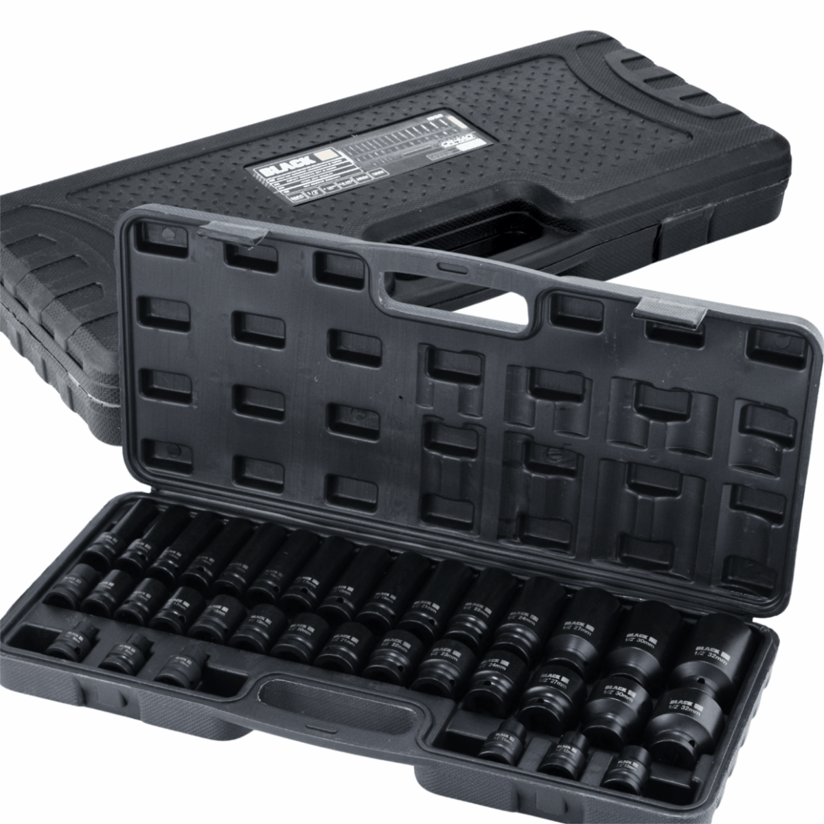 Löökpadrunikomplekt 1/2" HEX 8–32 mm (must) – 35 osa, BLACK – lühikesed ja pikad padrunid - Ostuklikk