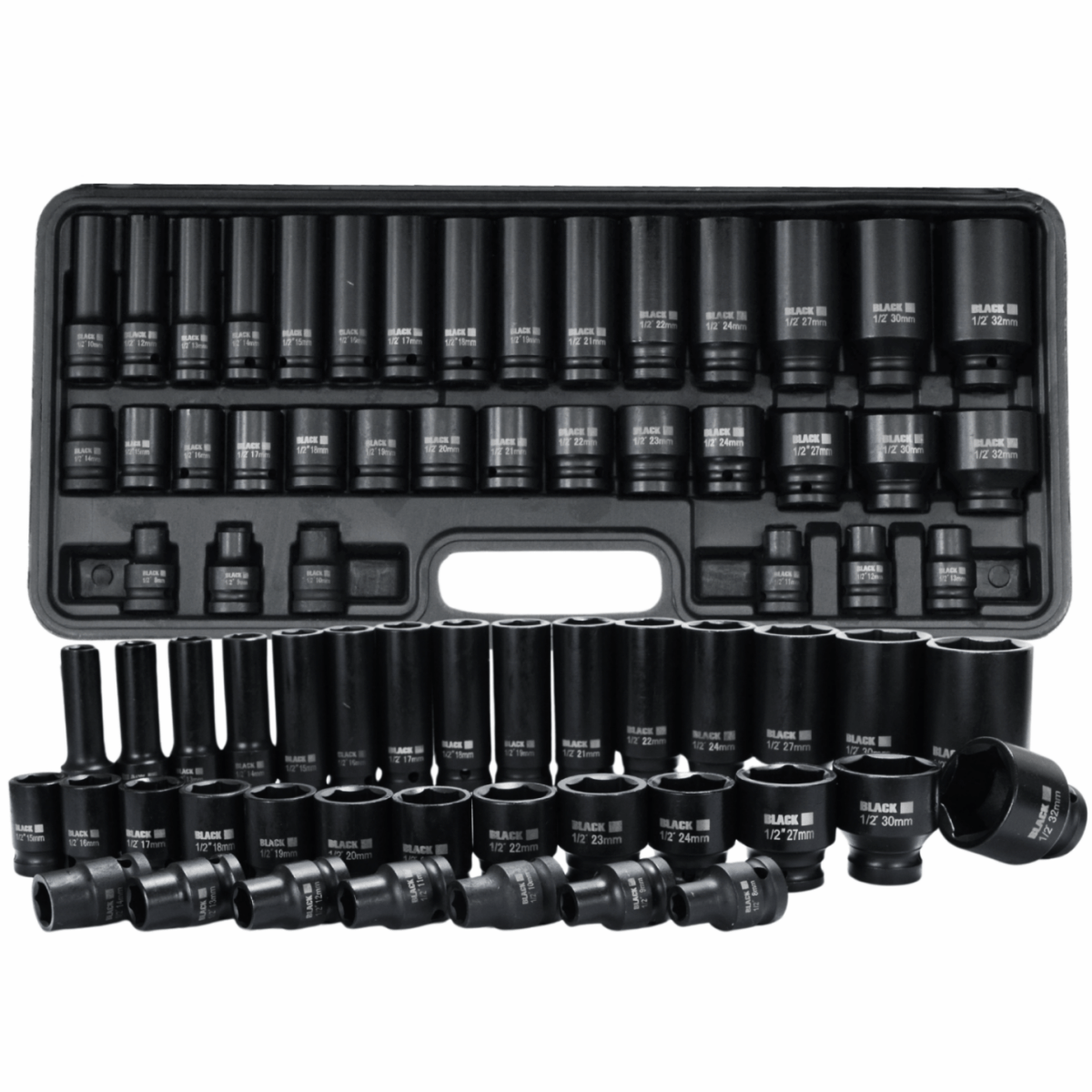 Löökpadrunikomplekt 1/2" HEX 8–32 mm (must) – 35 osa, BLACK – lühikesed ja pikad padrunid - Ostuklikk