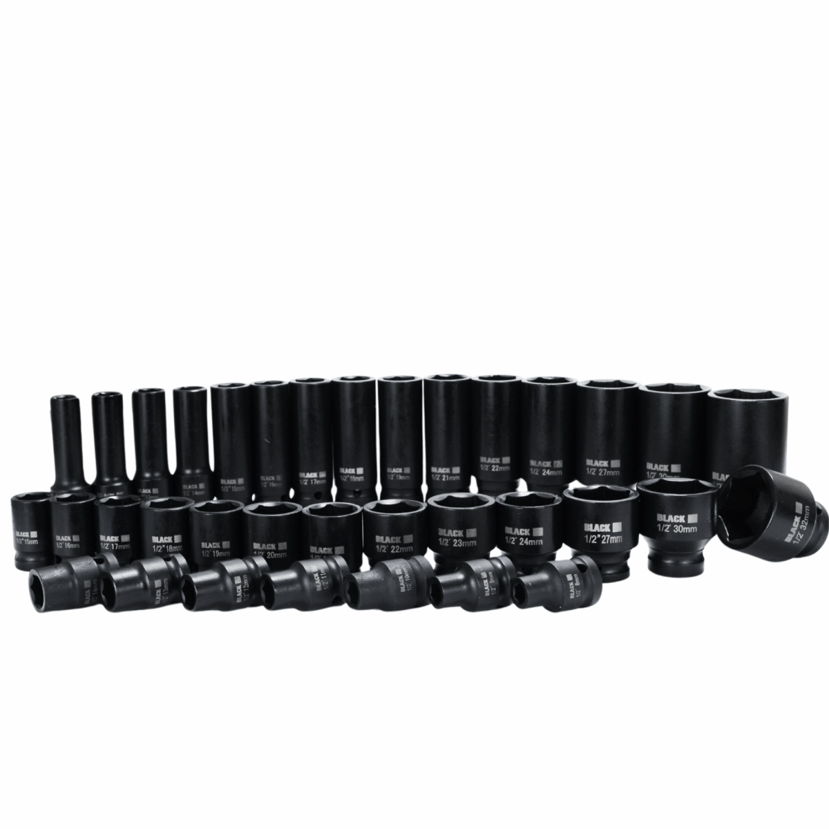 Löökpadrunikomplekt 1/2" HEX 8–32 mm (must) – 35 osa, BLACK – lühikesed ja pikad padrunid - Ostuklikk
