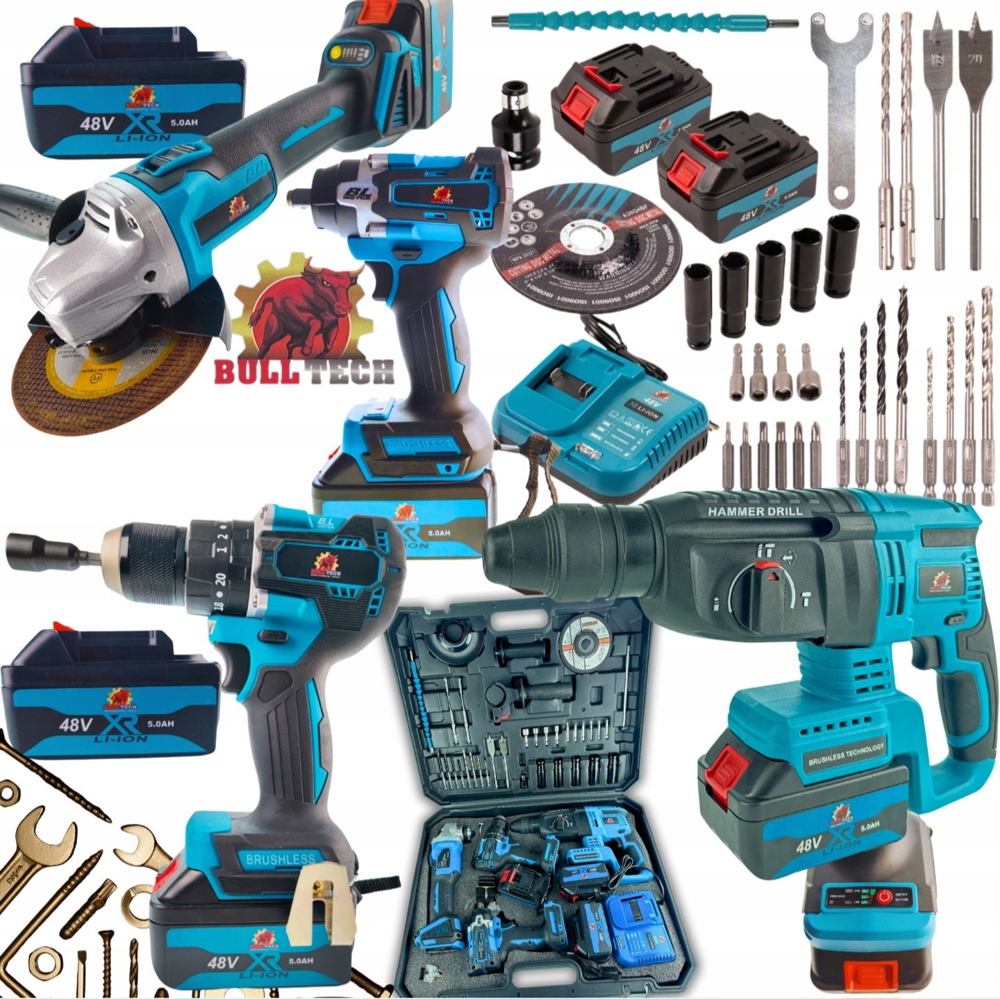 BULL-TECH BT5018XL 48V* 4-in-1 akukomplekt: kruvikeeraja, lööktrell, nühklihvija, mutrikeeraja