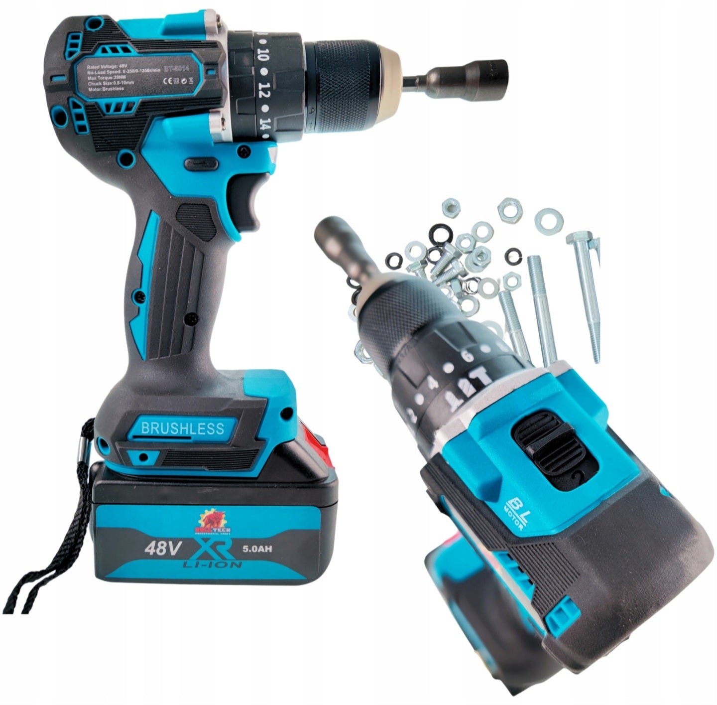 BULL-TECH BT5018XL 48V* 4-in-1 akukomplekt: kruvikeeraja, lööktrell, nühklihvija, mutrikeeraja