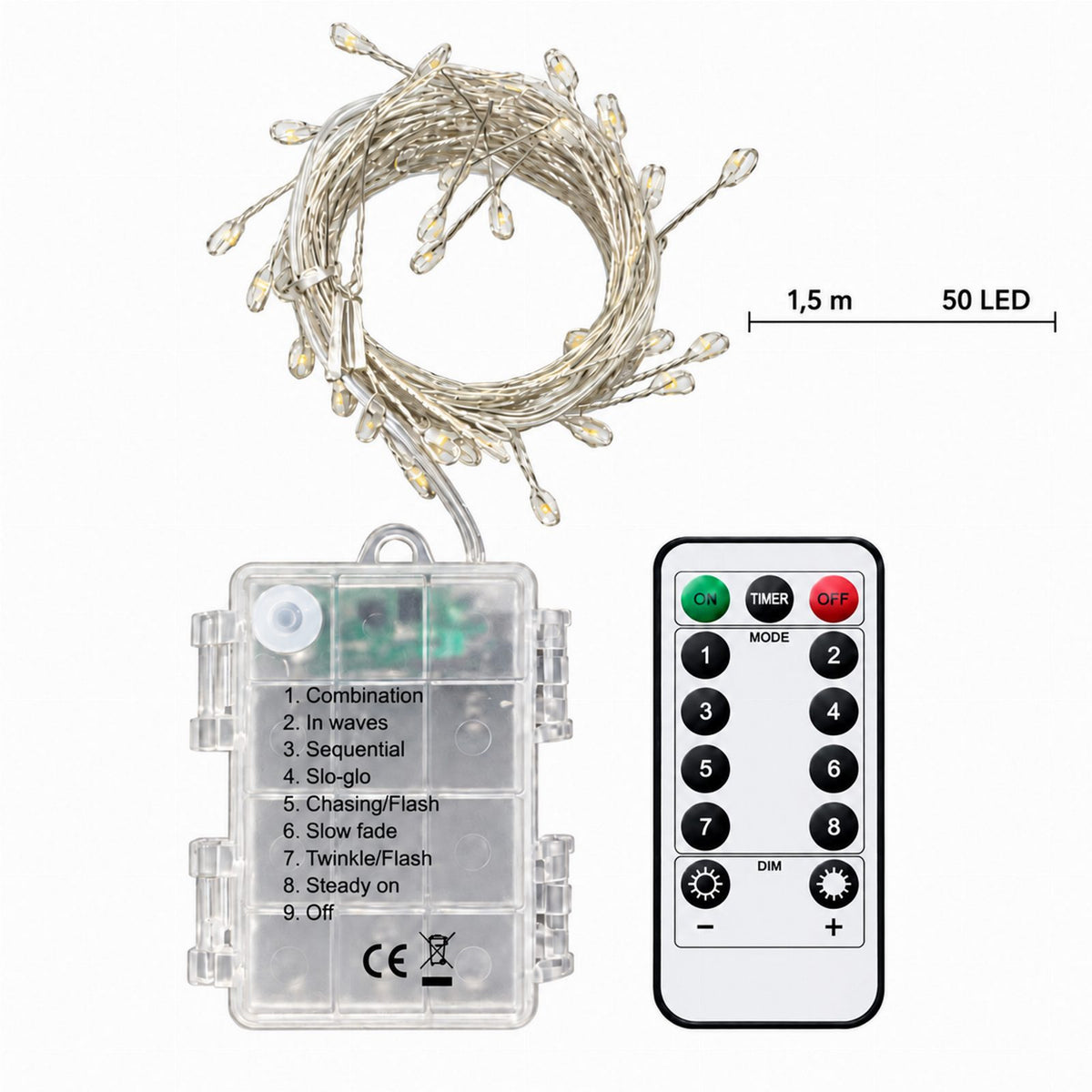 50 LED-iga külmvalge valguskett 1,5 m 8 funktsiooni ja kaugjuhtimispuldiga RC-K-2804