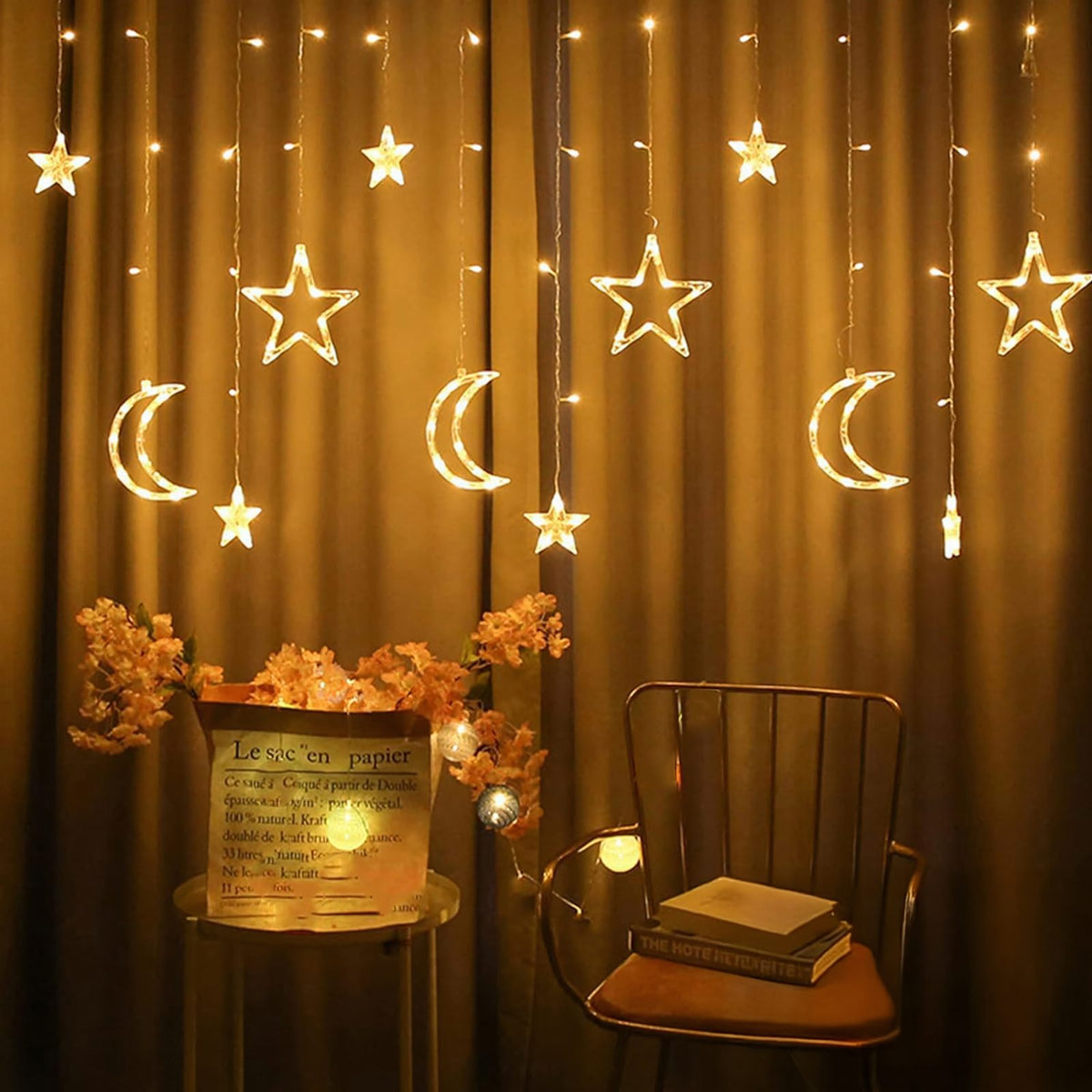 3m LED Star and Moon Curtain String Lights for Christmas Window Decoration