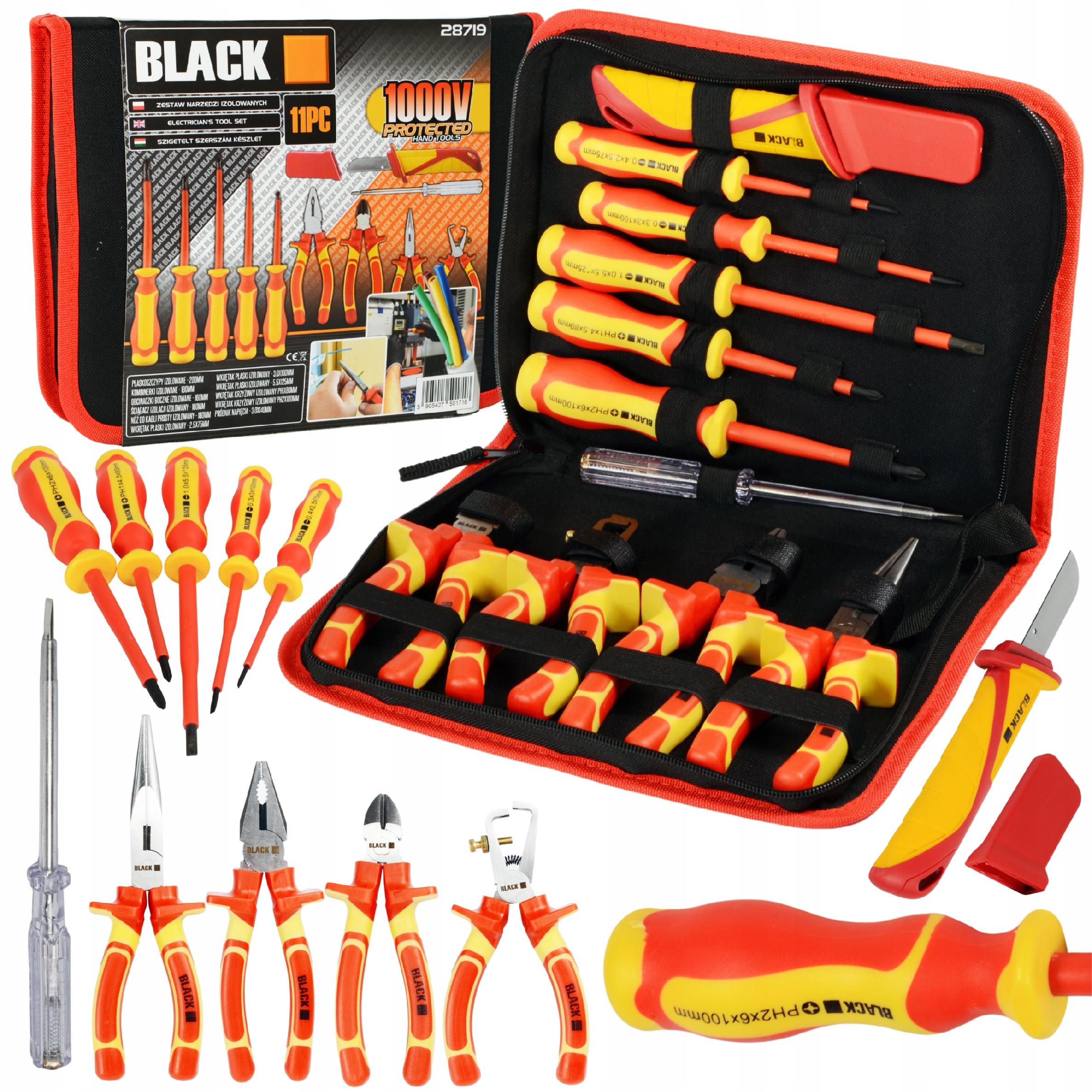 MEGA SET OF 11 INSULATED 1000V TOOLS AND SCREWDRIVERS FOR ELECTRICIANS, BLACK