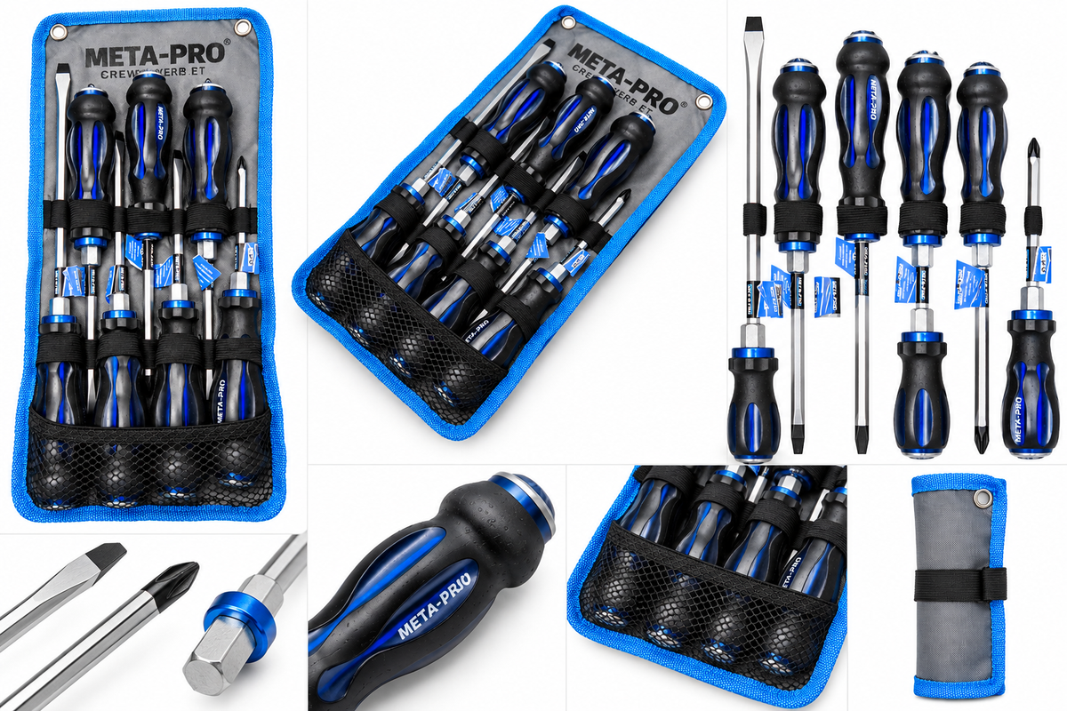 META-PRO 7-Piece Professional Screwdriver Set – Phillips & Flathead with Tool Pouch
