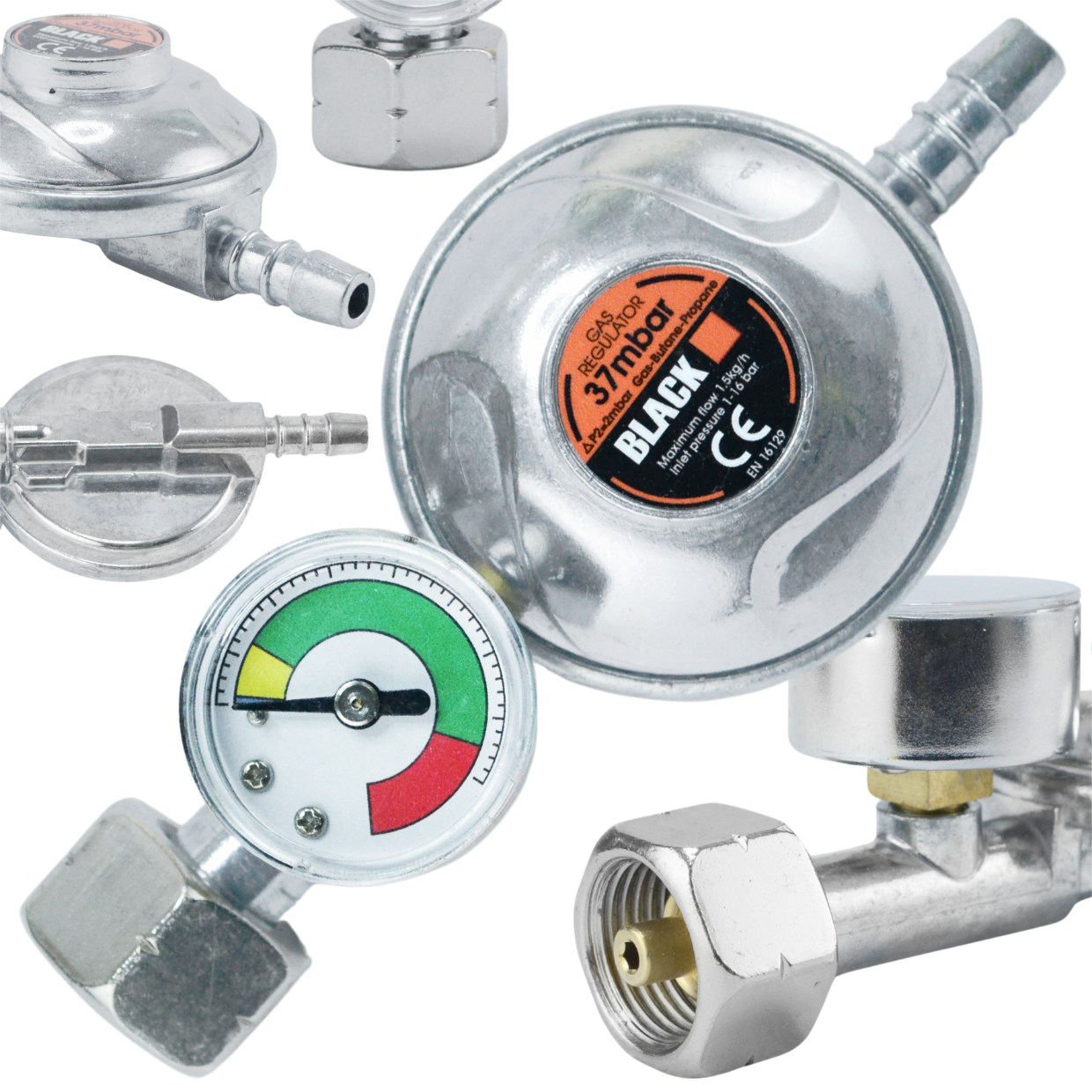 Gas Cylinder Reducer 11kg Propane Butane LPG Pressure Gauge 37 mbar Black