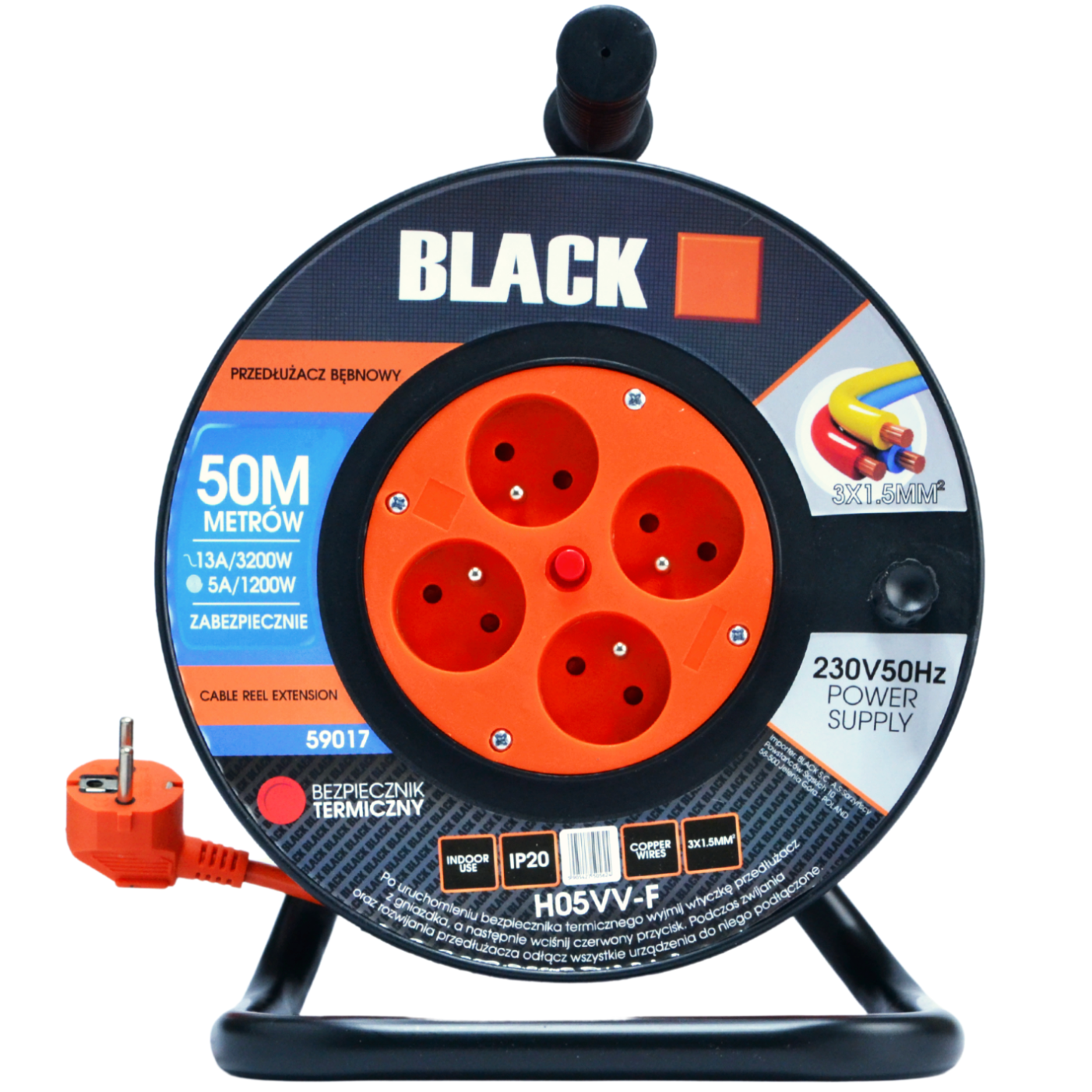 Aia pikendusjuhtme rull Poola bränd 50m 3x1.5 H05VV-F Black rull