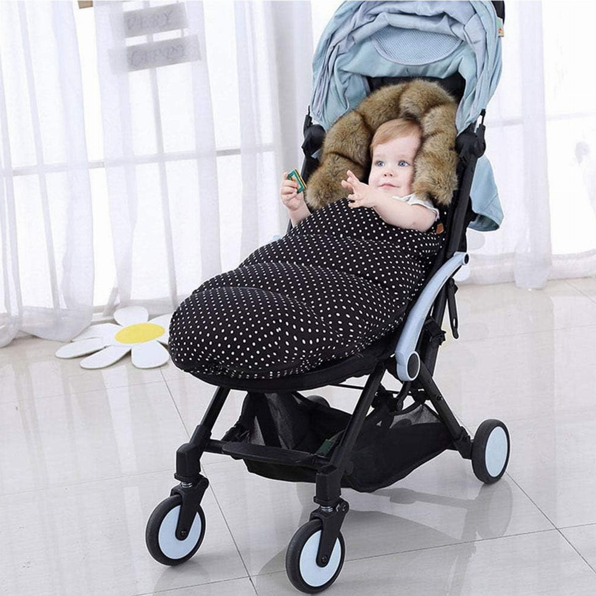 Premium Warm Baby Stroller and Sled Sleeping Bag with Fur Lining 100 x 46 cm Pink with Colorful Flowers