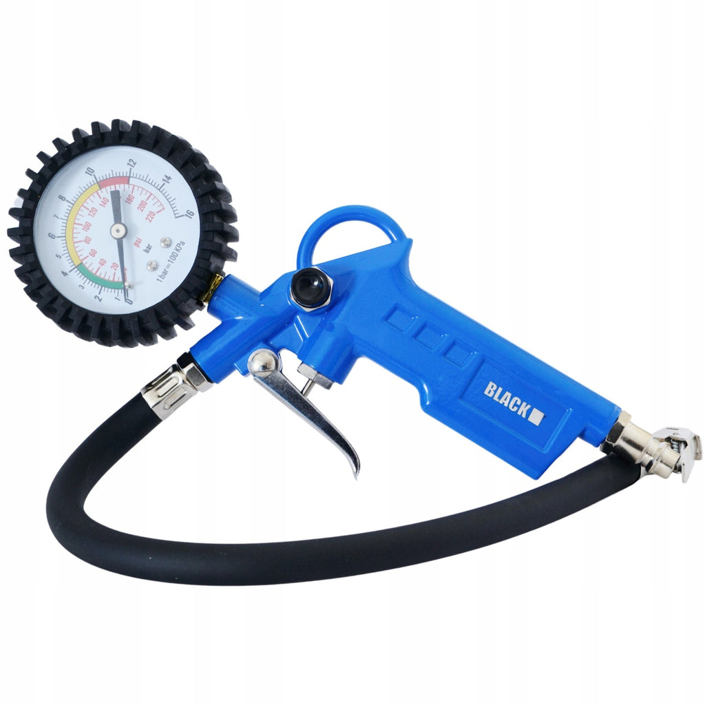 Large Wheel Inflation Gun Manometer Pump 12 Bar 1/4 Hose 35cm Black