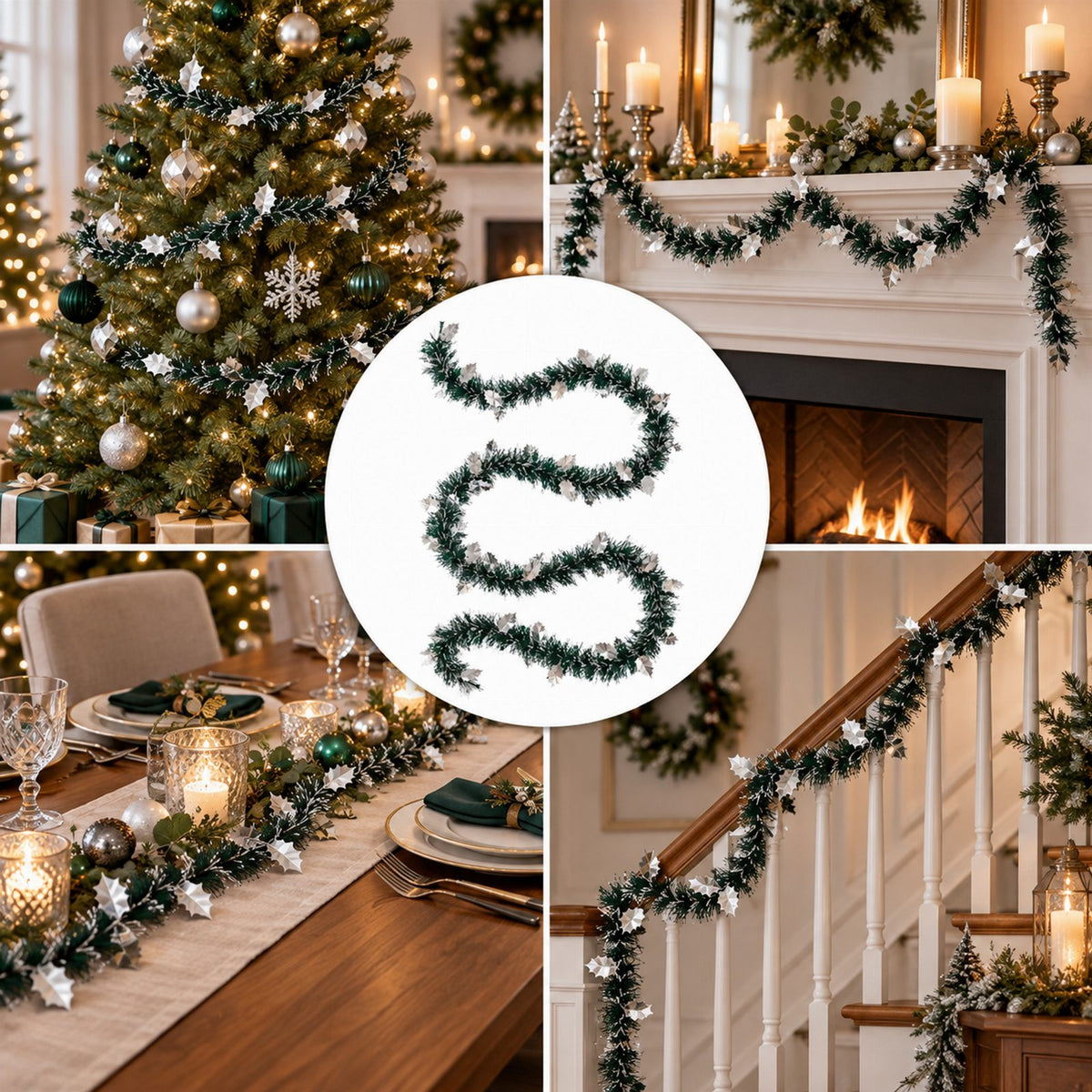 Green and White Christmas Garland Chain 2m x 9cm Shiny Decoration 1 pc