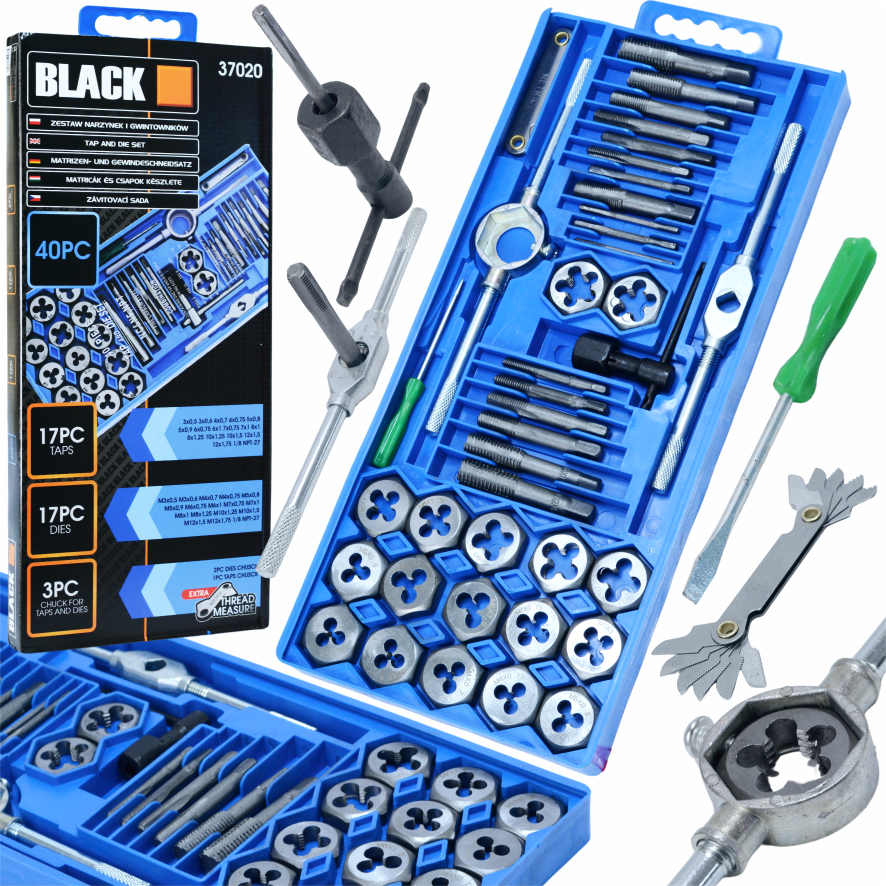 40-osaline keermetappide ja -plaatide komplekt mustas karbis