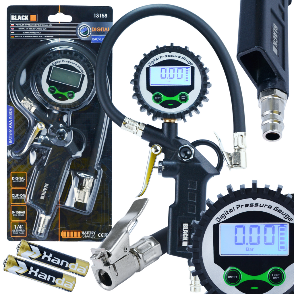 Digitaalne rehvipump 1/4" 0-15 baari voolik 45 cm Black