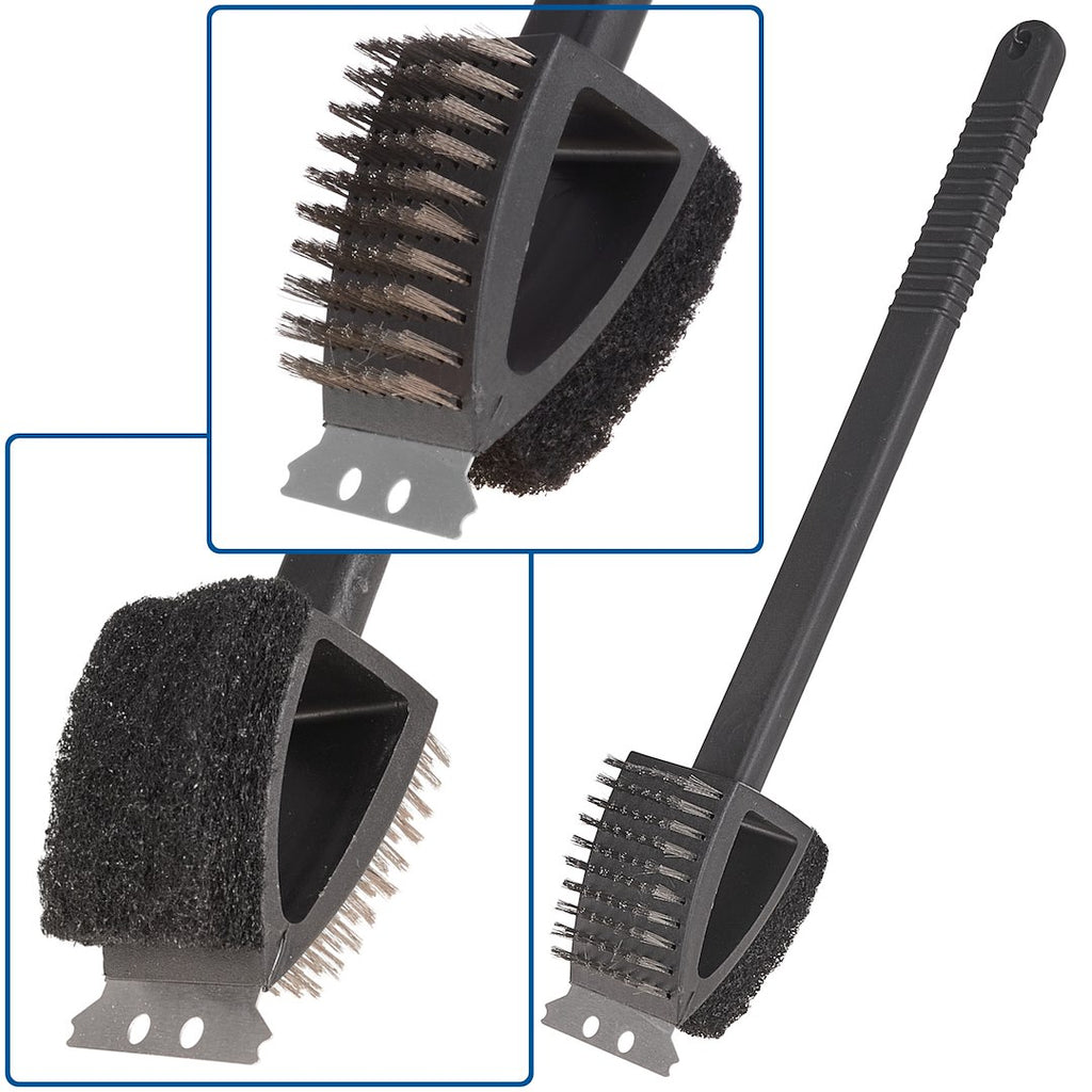 3-in-1 barbecue grill brush with scraper and sponge