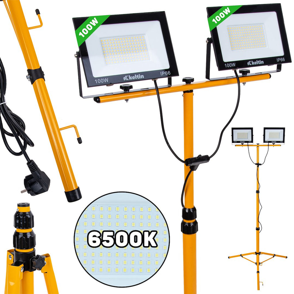 LED floodlight 2x100W with telescopic construction tripod – cold white 6500K