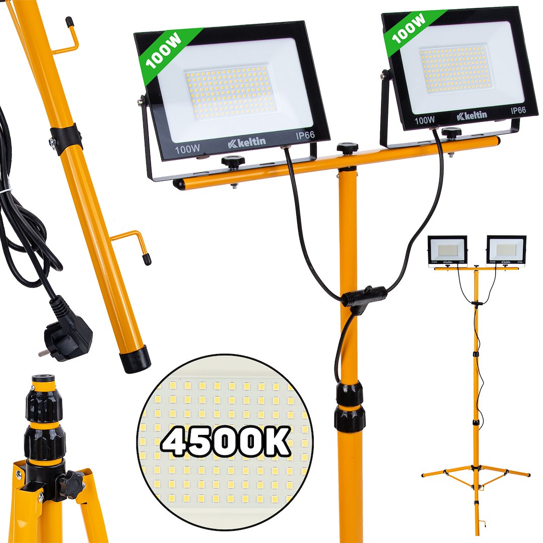 LED Floodlight 2x100W with a Telescopic Construction Tripod – Neutral White Color 4500K