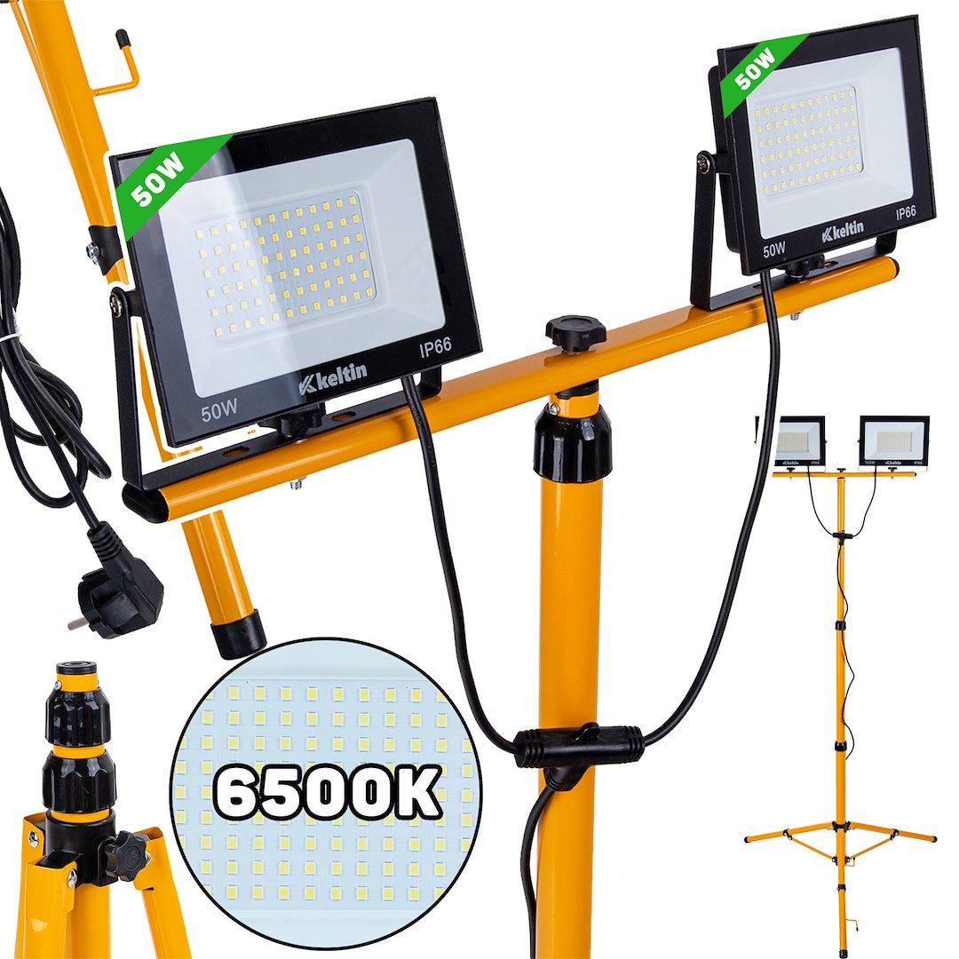 LED Floodlight 2x50W with Telescopic Construction Tripod – Cold White Color 6500K