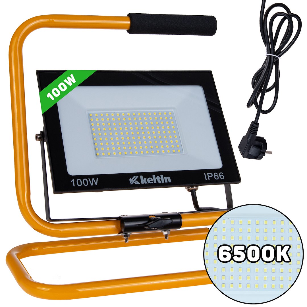 LED floodlight 100W with construction tripod – cold white color 6500K