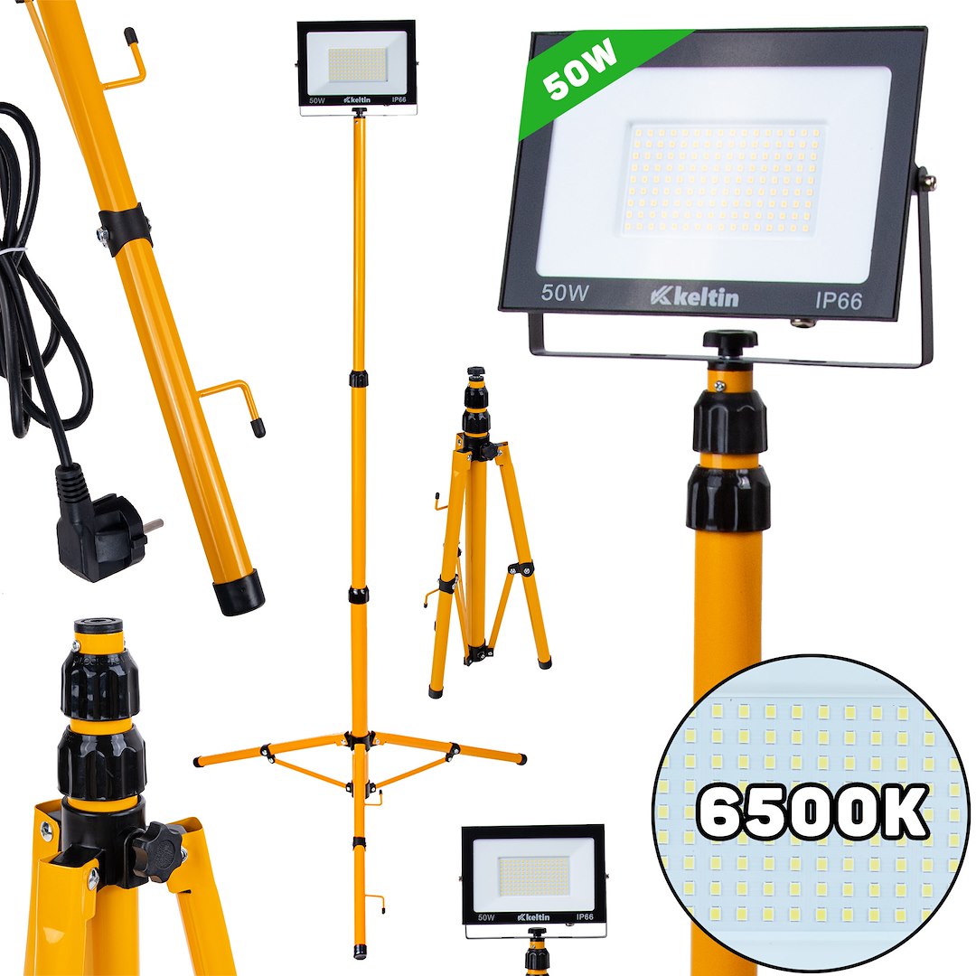 LED Floodlight 50W with Telescopic Construction Tripod – Cold White 6500K