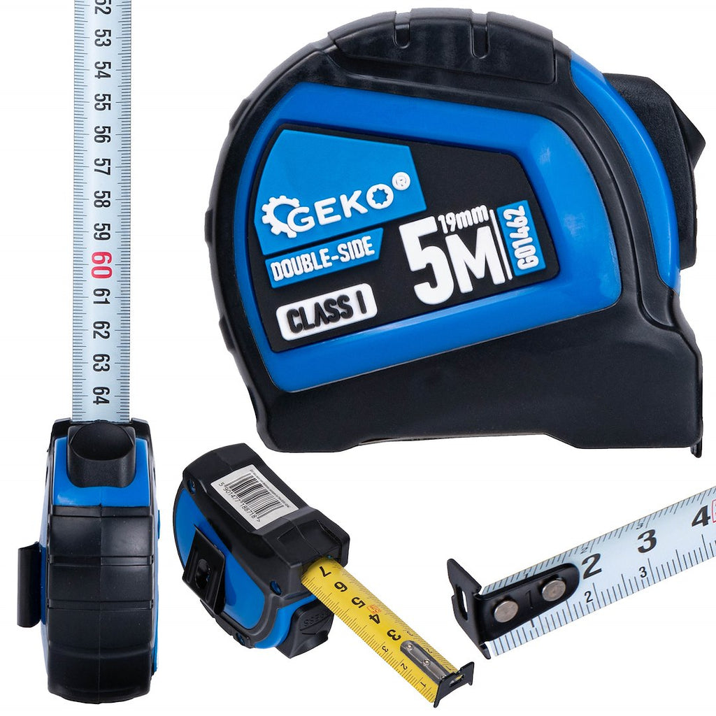 Double-sided nylon measuring tape with auto-stop, 5 m/19 mm, Class I — display box – Pack of 12