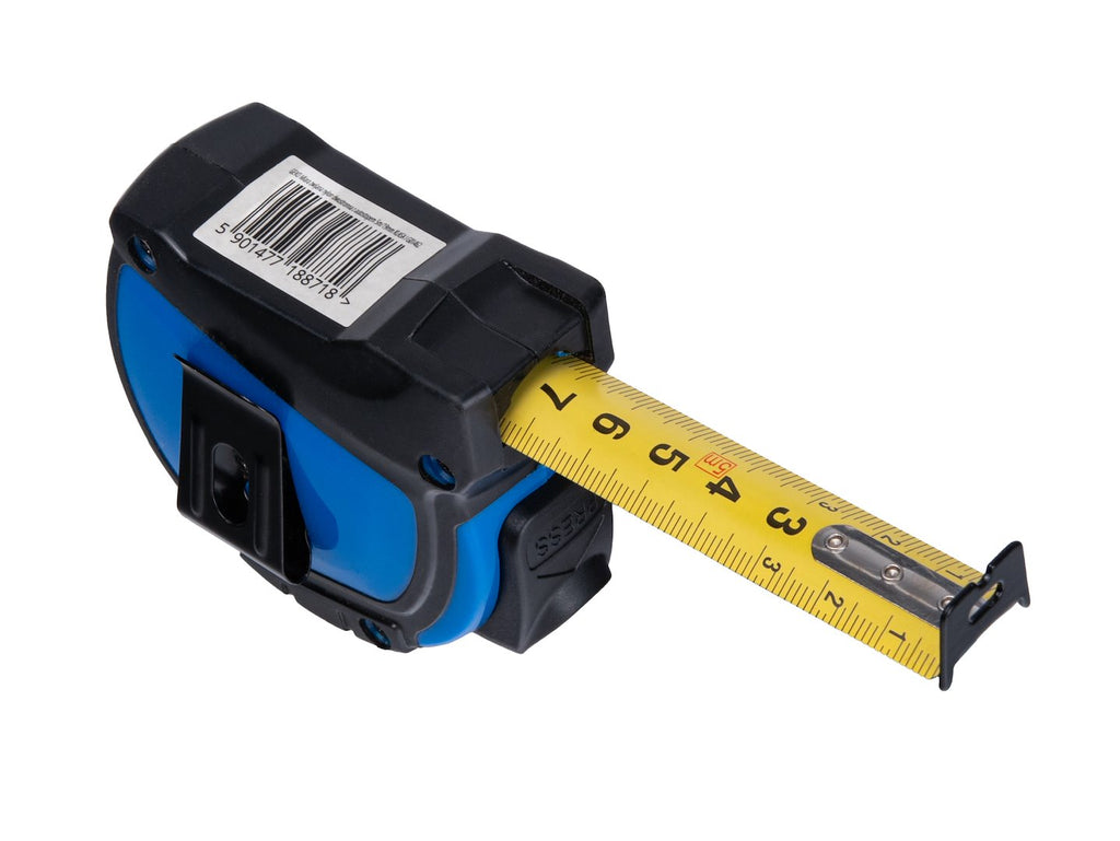 Double-sided nylon measuring tape with auto-stop, 5 m/19 mm, Class I — display box – Pack of 12