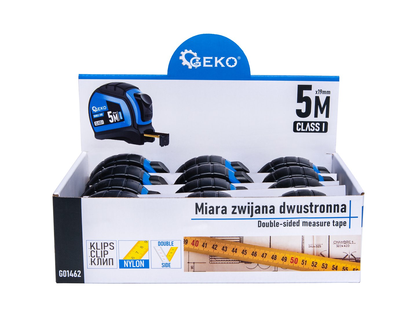 Double-sided nylon measuring tape with auto-stop, 5 m/19 mm, Class I — display box – Pack of 12