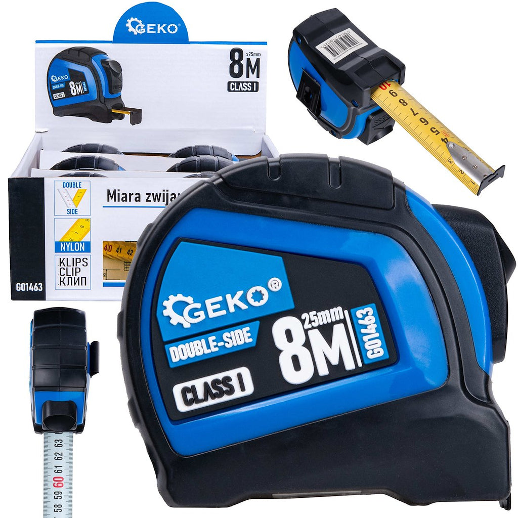 Double-sided nylon tape measure with auto-stop 8 m / 25 mm Class I – display box – Pack of 6