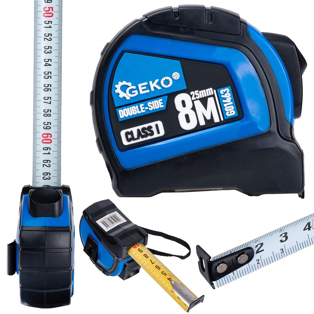 Double-sided nylon tape measure with auto-stop 8 m / 25 mm Class I – display box – Pack of 6