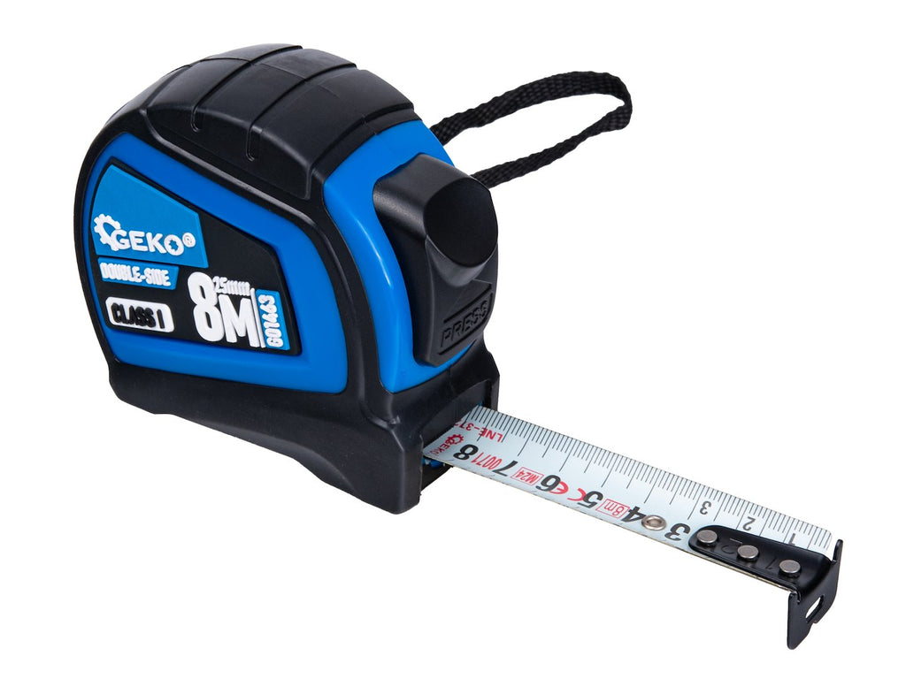 Double-sided nylon tape measure with auto-stop 8 m / 25 mm Class I – display box – Pack of 6
