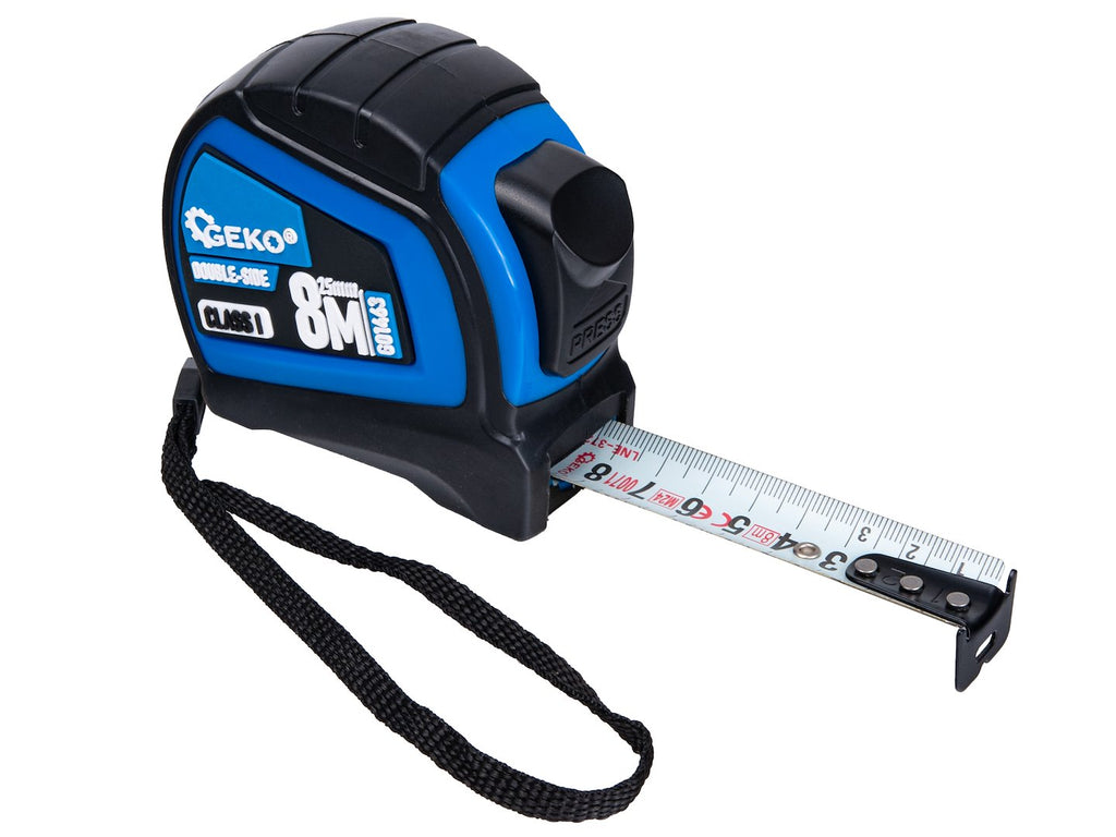 Double-sided nylon tape measure with auto-stop 8 m / 25 mm Class I – display box – Pack of 6