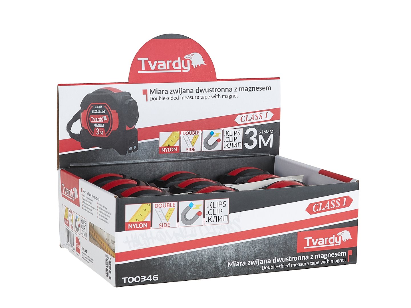 Double-sided nylon measuring tape with magnet and auto-stop 3m/16mm CLASS I – display box – Pack of 12