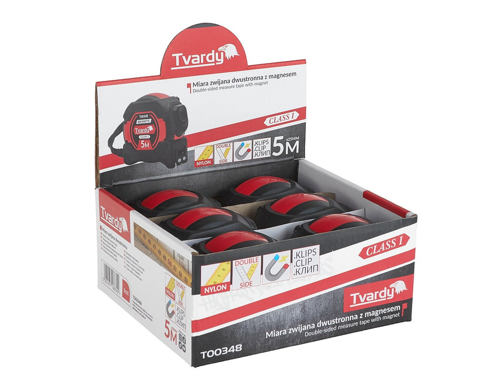 Double-sided nylon measuring tape with magnet and auto-stop 5m/25mm CLASS I – display box – Pack of 6