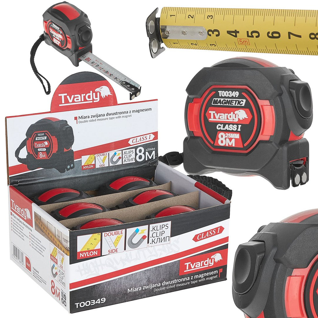 Double-sided nylon measuring tape with magnet and auto-stop 8m/25mm CLASS I – display box – Pack of 6