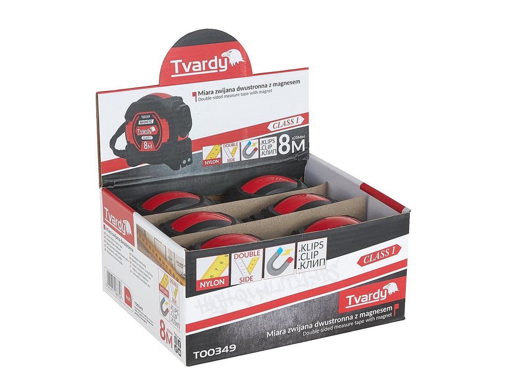 Double-sided nylon measuring tape with magnet and auto-stop 8m/25mm CLASS I – display box – Pack of 6
