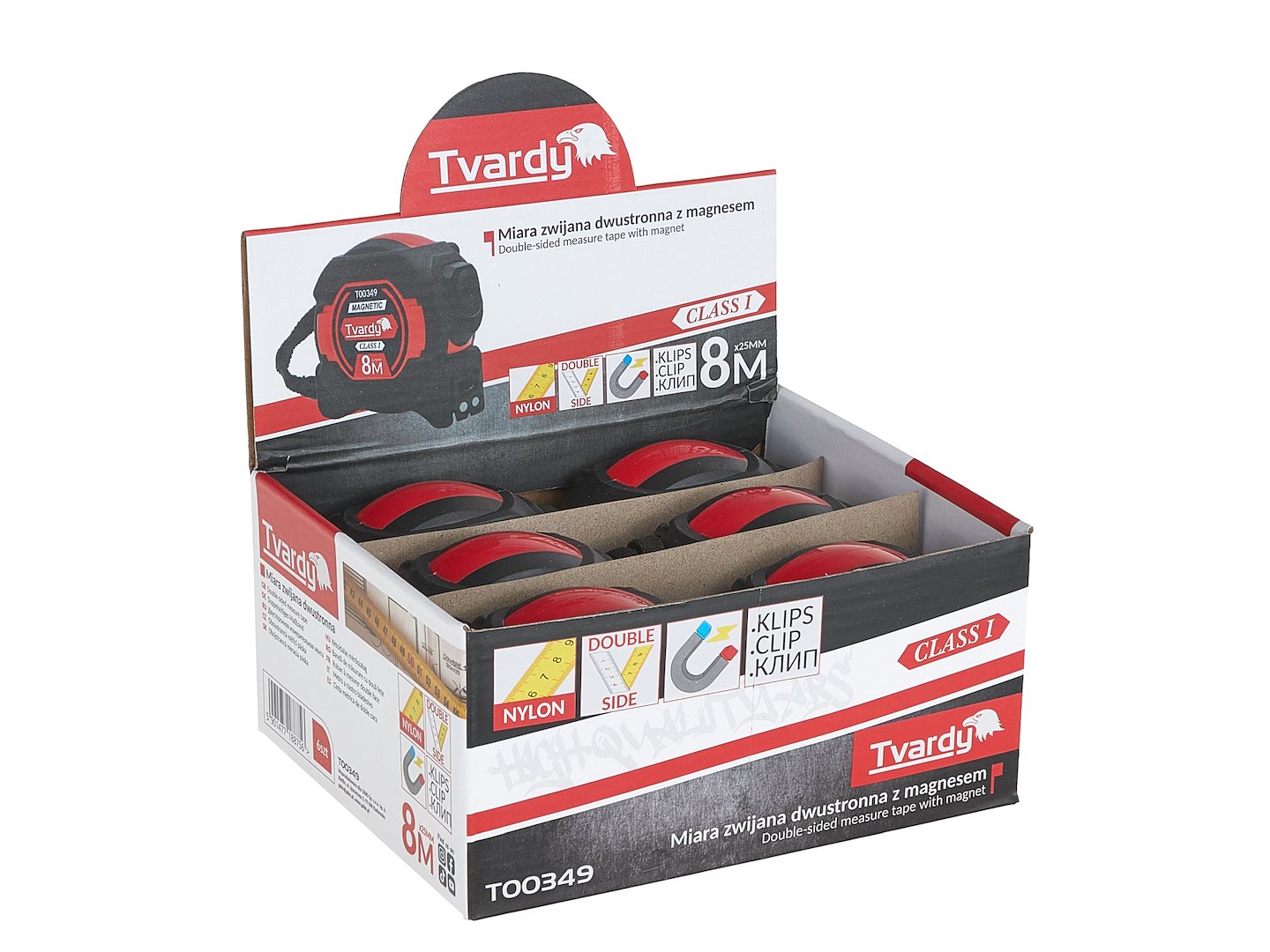 Double-sided nylon measuring tape with magnet and auto-stop 8m/25mm CLASS I – display box – Pack of 6