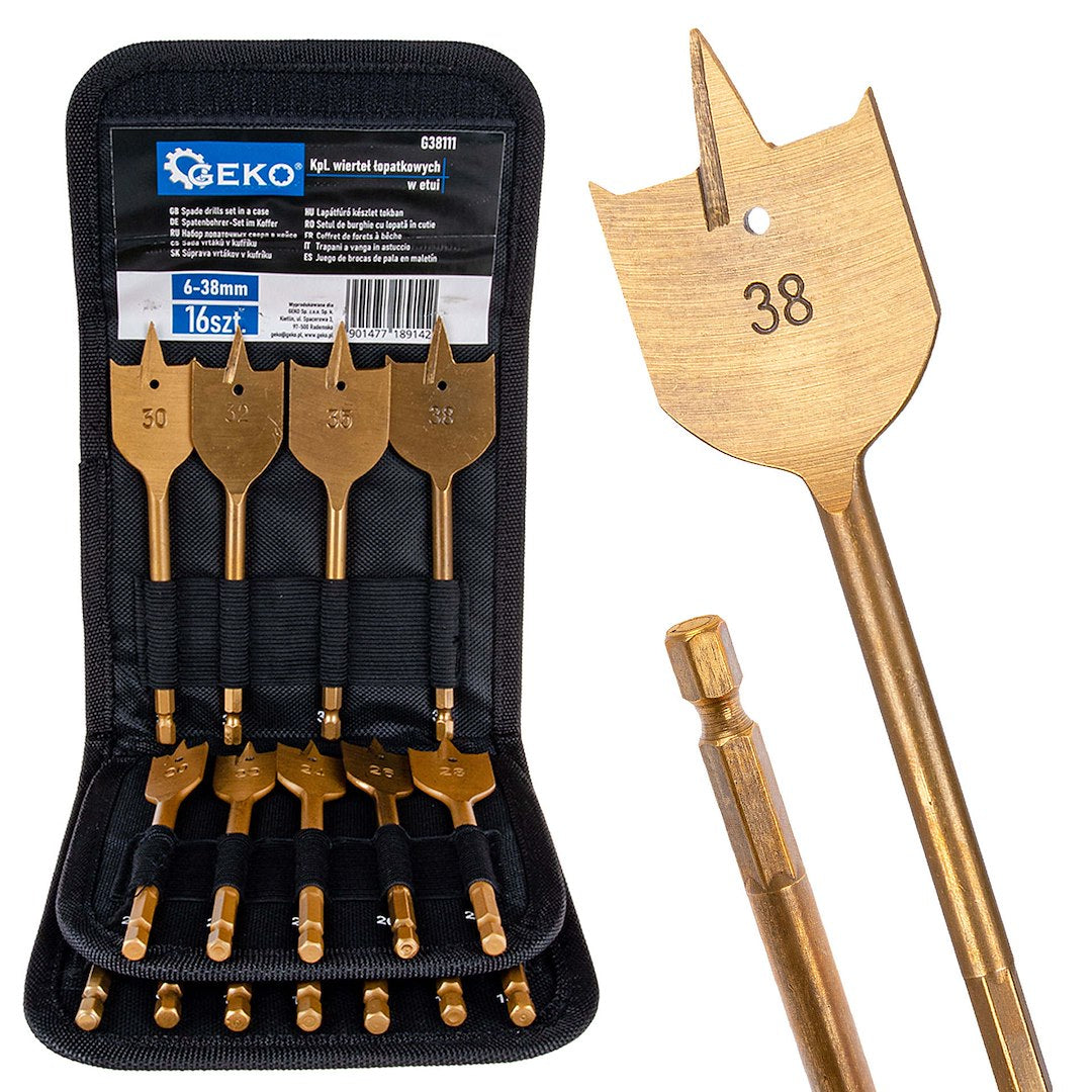 16-piece spade drill set in a case, 6-38 mm