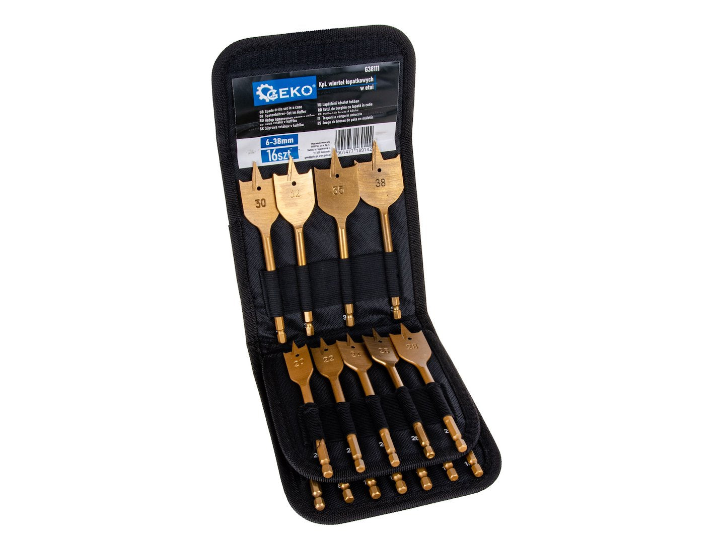 16-piece spade drill set in a case, 6-38 mm