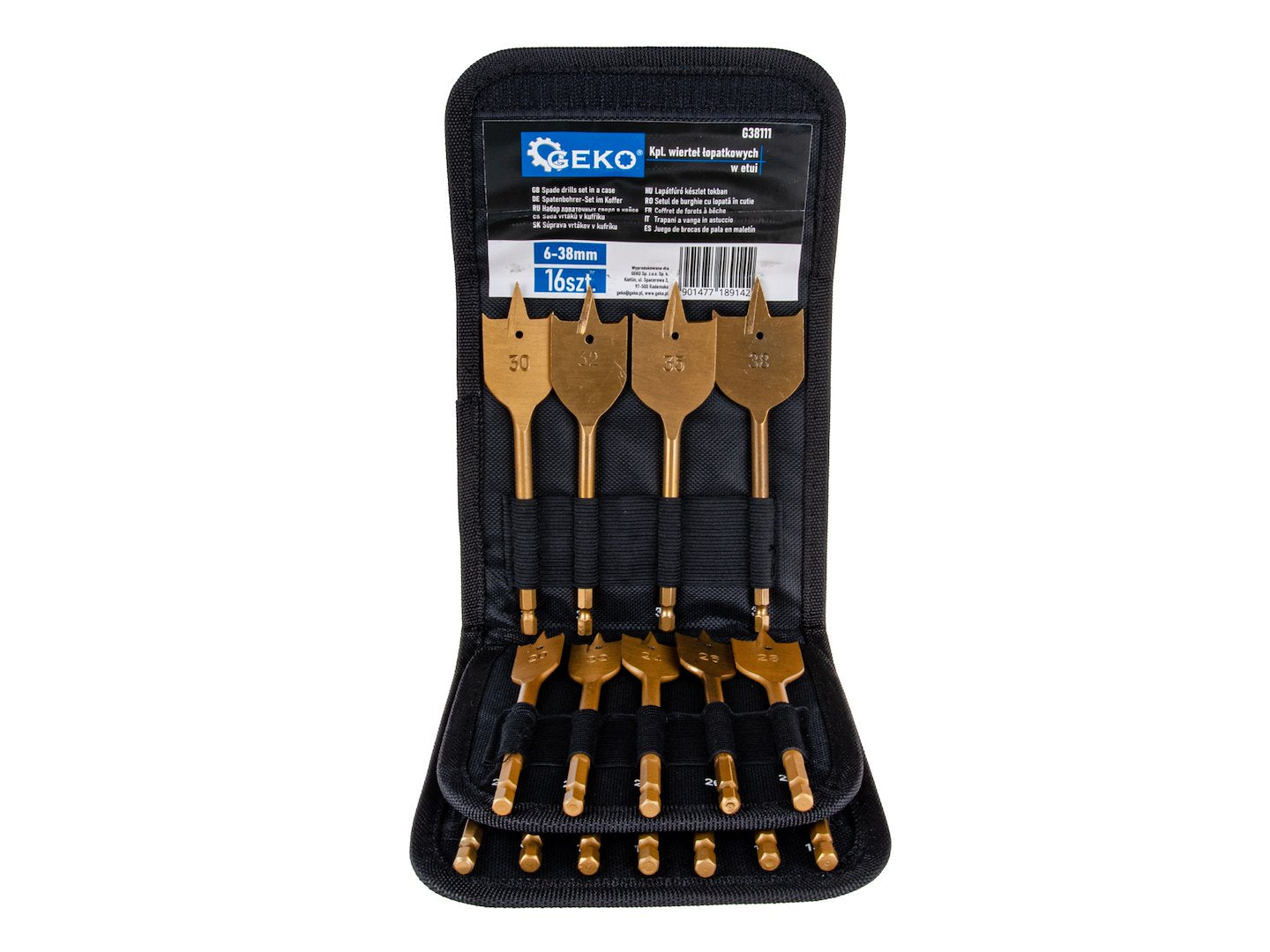 16-piece spade drill set in a case, 6-38 mm