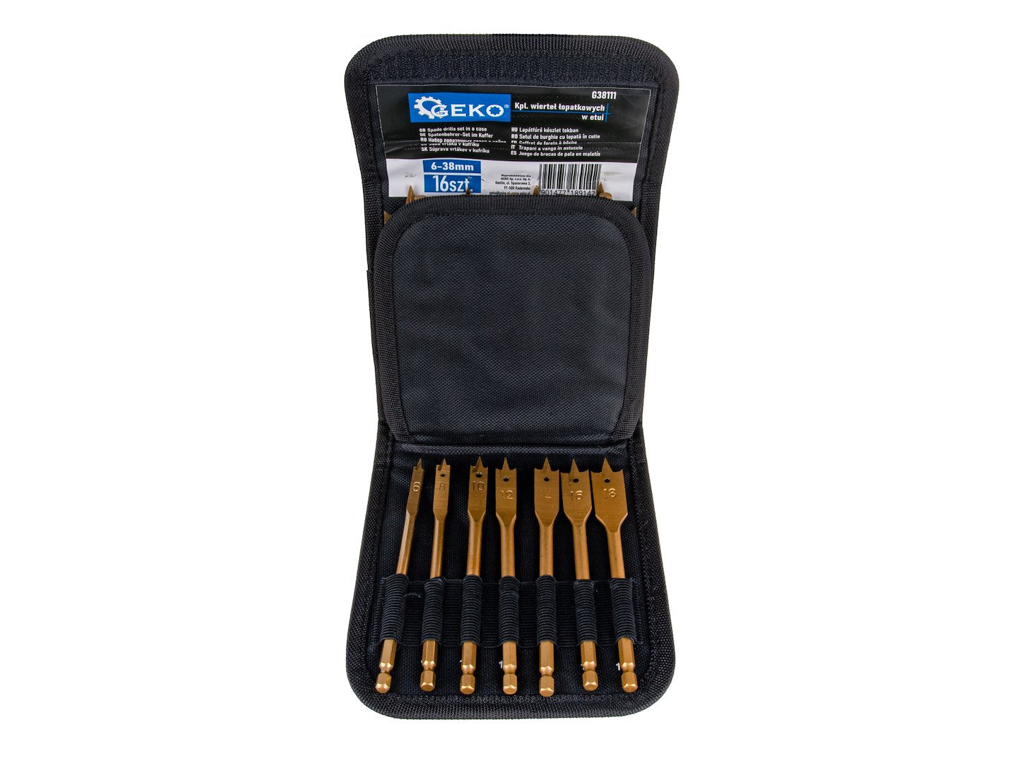 16-piece spade drill set in a case, 6-38 mm
