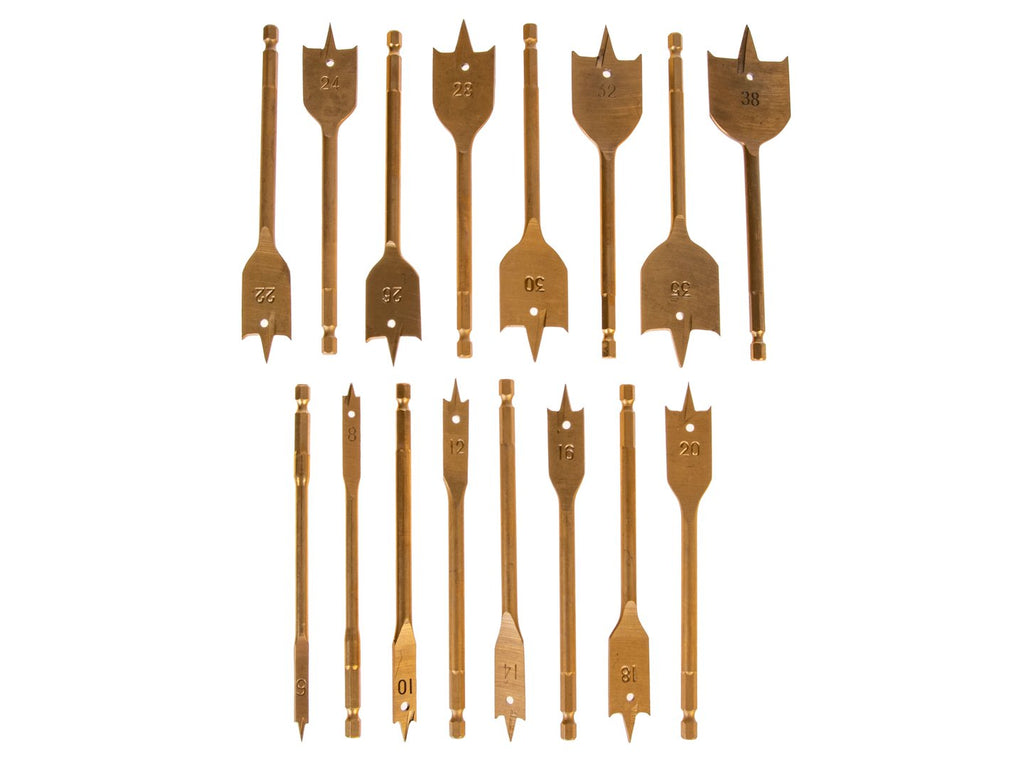 16-piece spade drill set in a case, 6-38 mm