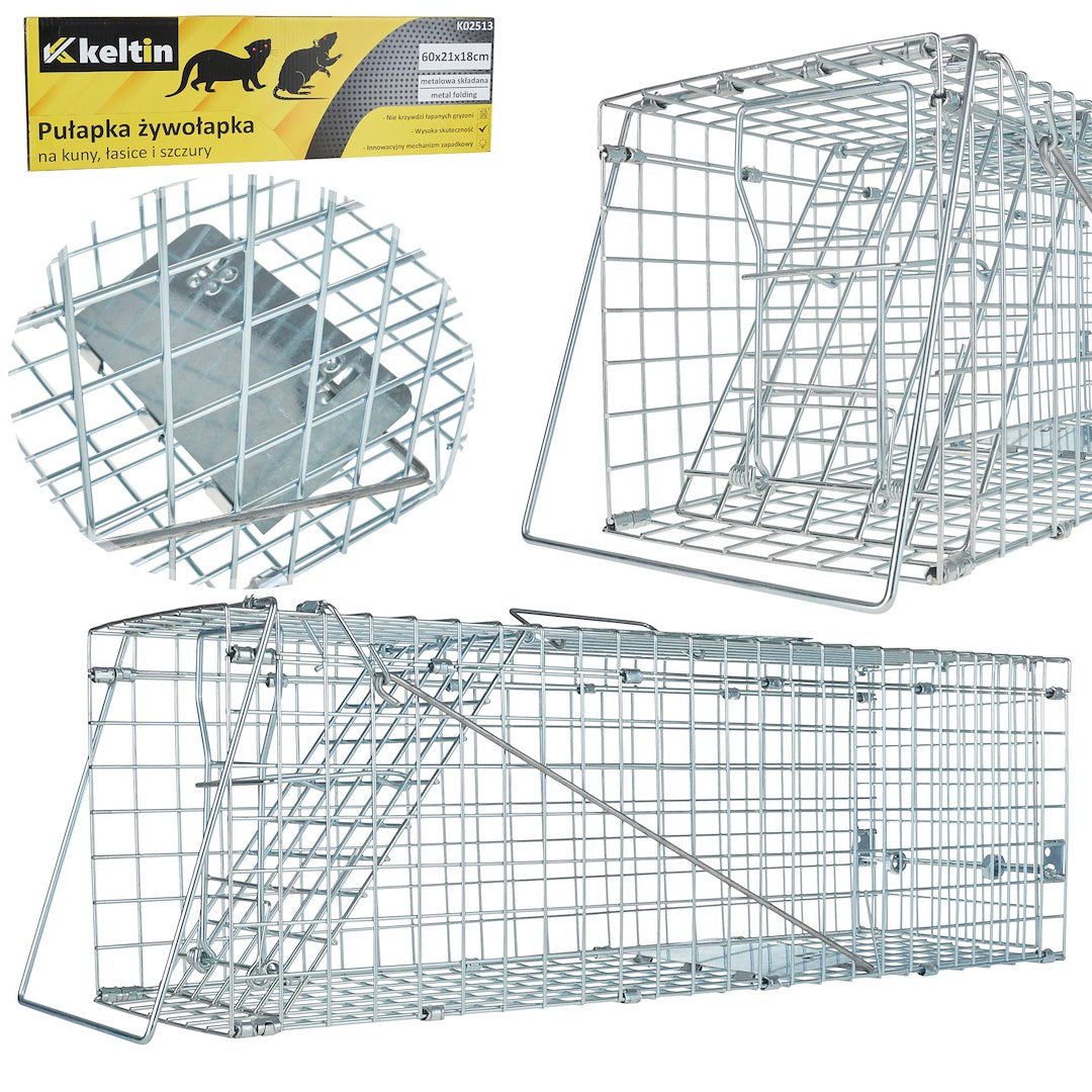 Foldable live trap for martens, weasels and rats, 60x21x18 cm
