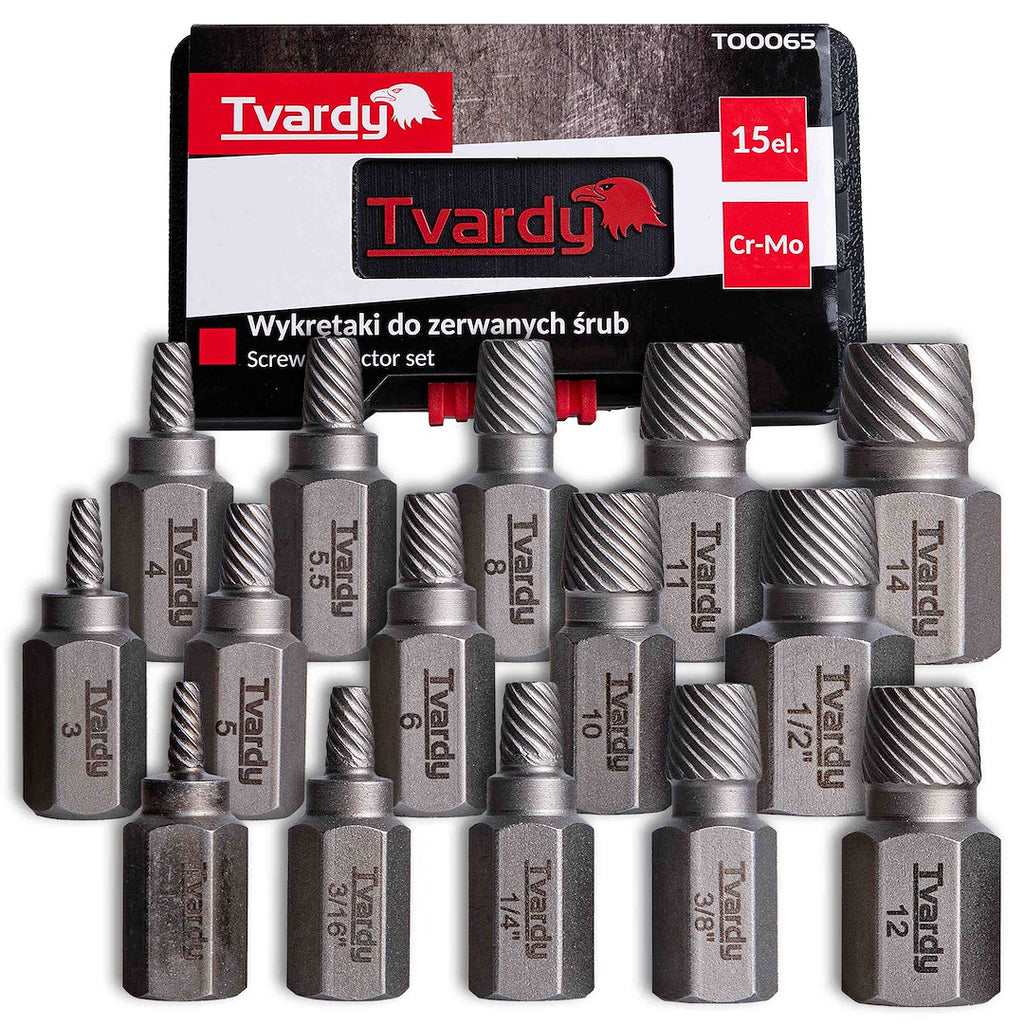 15-piece screw extractor set, Cr-Mo
