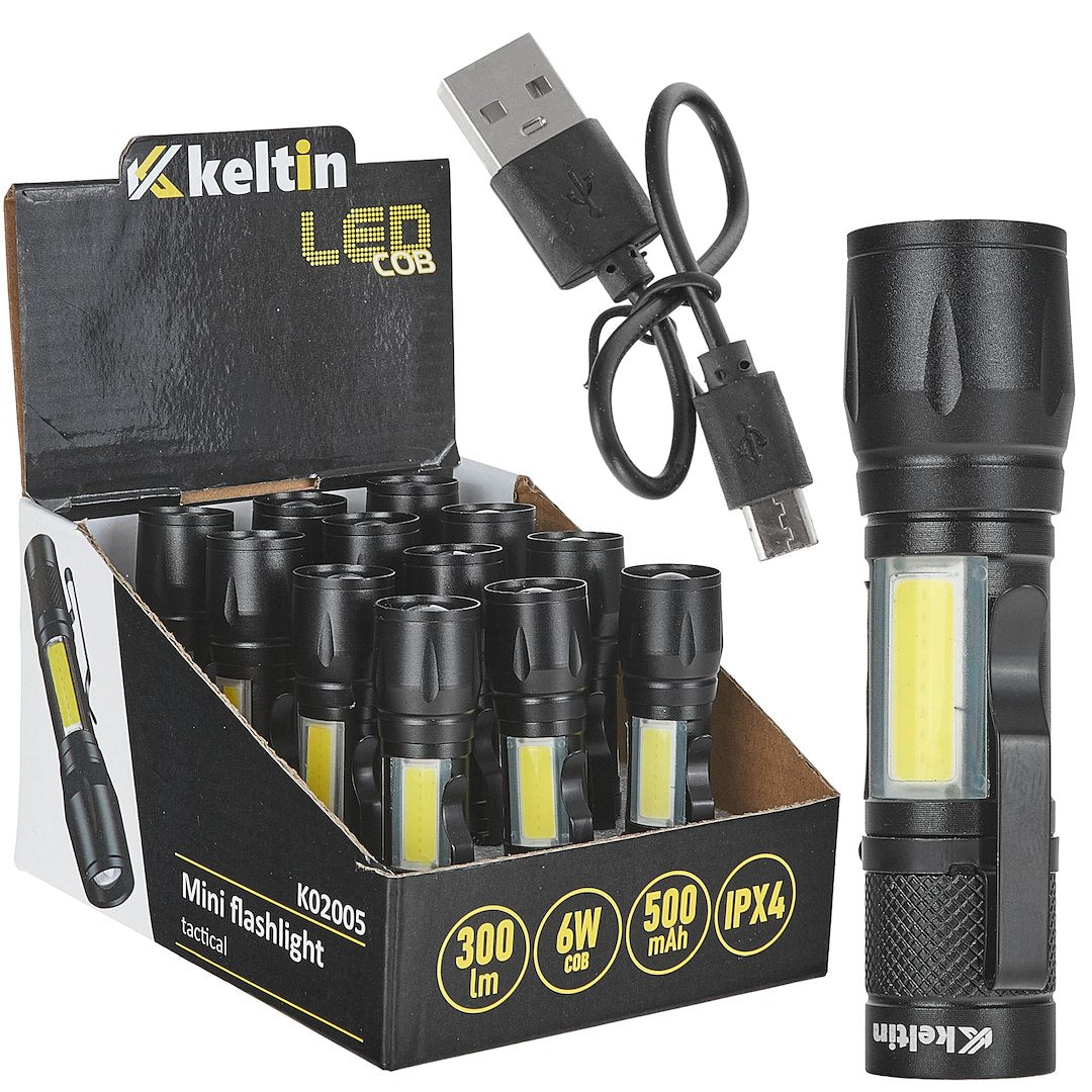 Mini Tactical Flashlight LED COB 10W 500mAh 500lm IPX5 – Display Box – Pack of 12