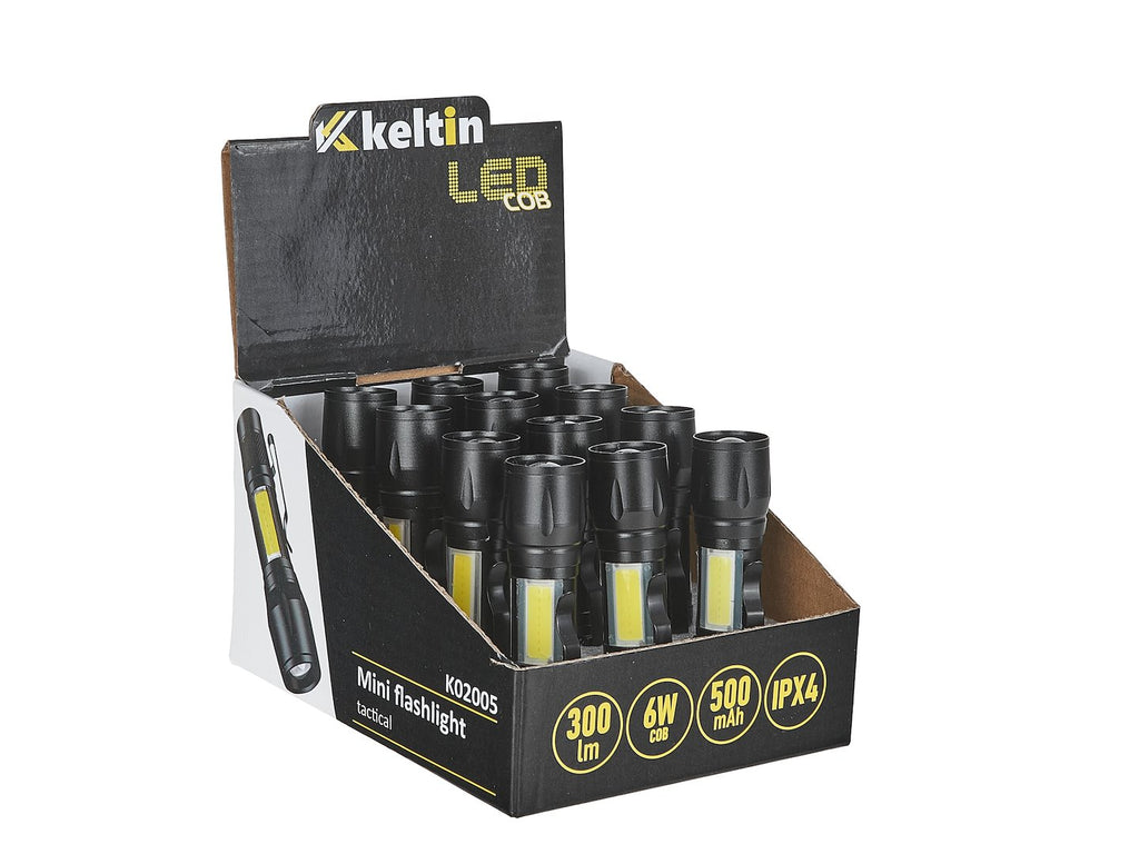 Mini Tactical Flashlight LED COB 10W 500mAh 500lm IPX5 – Display Box – Pack of 12