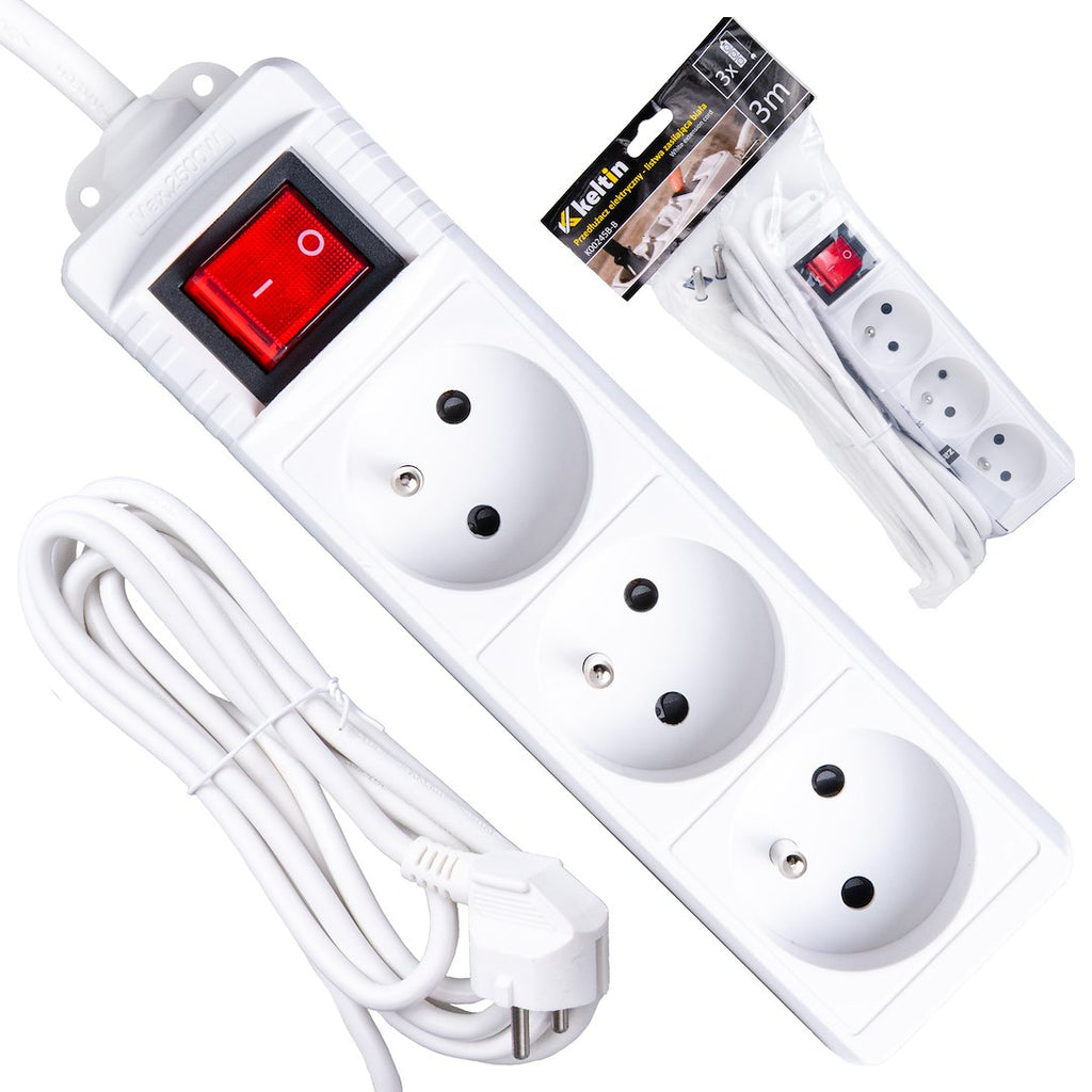 White extension cord with switch, 3 sockets, 3 m