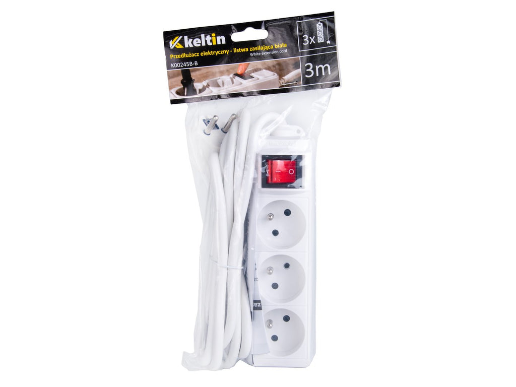 White extension cord with switch, 3 sockets, 3 m