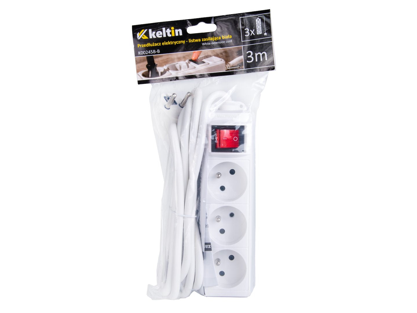 White extension cord with switch, 3 sockets, 3 m
