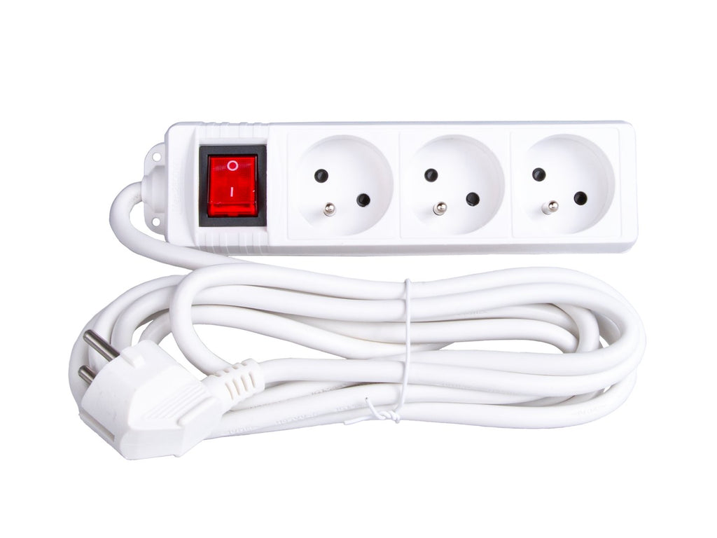 White extension cord with switch, 3 sockets, 3 m