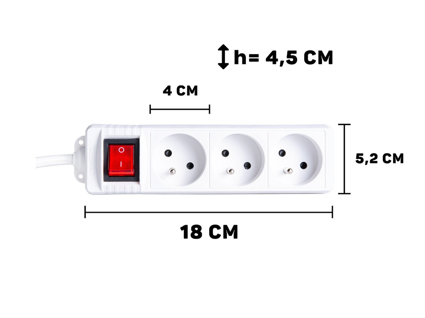 White extension cord with switch, 3 sockets, 3 m