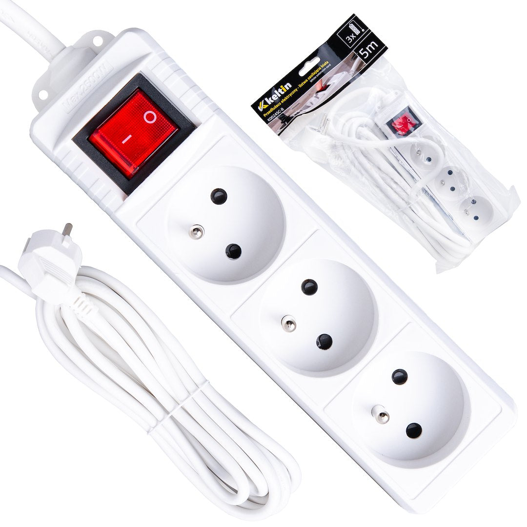 White extension cord with switch, 3 sockets, 5 m