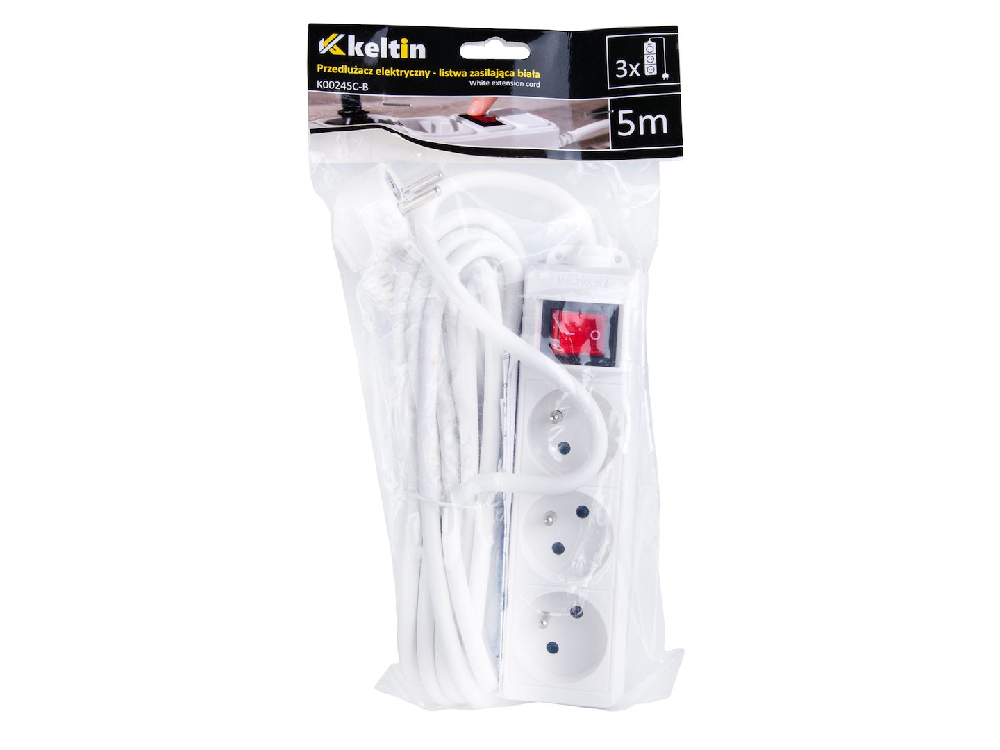 White extension cord with switch, 3 sockets, 5 m